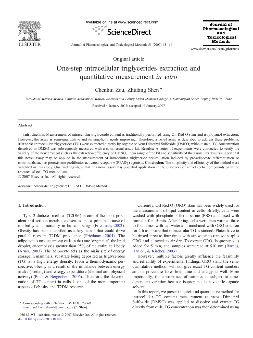 عکس صفحه اول مقاله: One-step intracellular triglycerides extraction and quantitative measurement in vitro One-step intracellular triglycerides extraction and quantitative measurement in vitro