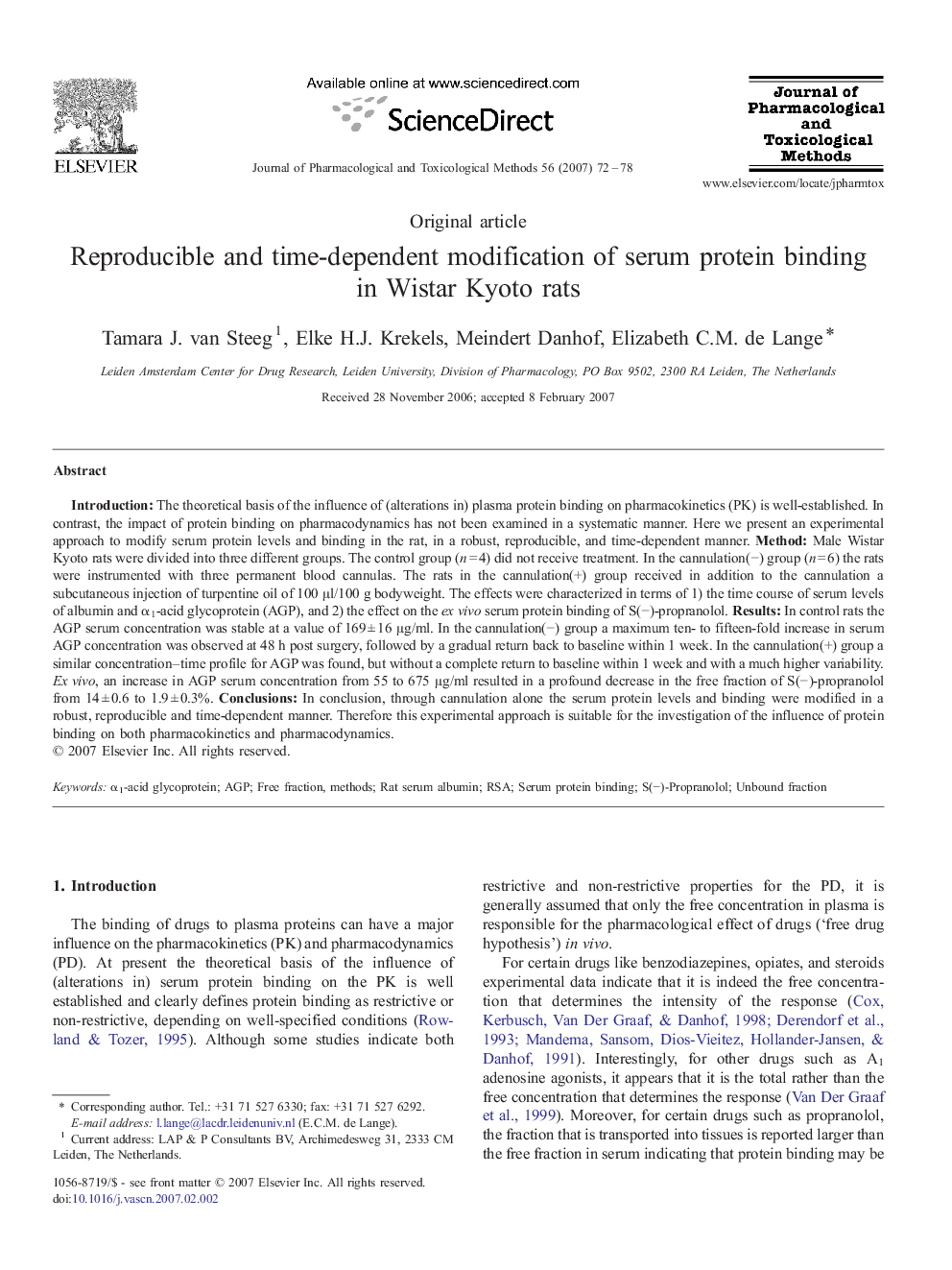 Reproducible and time-dependent modification of serum protein binding in Wistar Kyoto rats