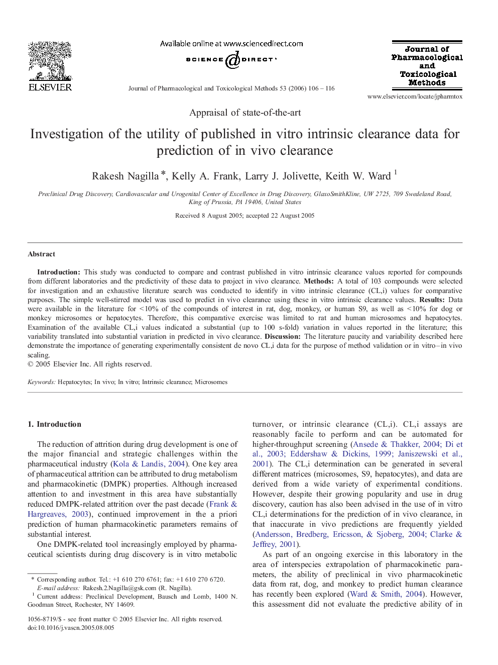 Investigation of the utility of published in vitro intrinsic clearance data for prediction of in vivo clearance