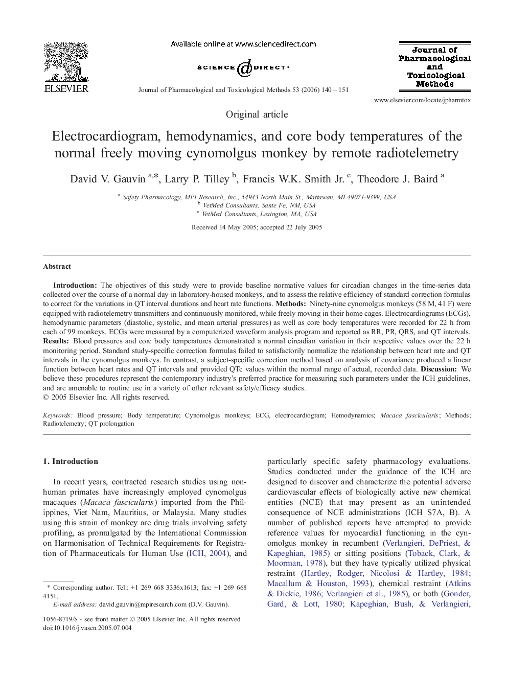 Electrocardiogram, hemodynamics, and core body temperatures of the normal freely moving cynomolgus monkey by remote radiotelemetry