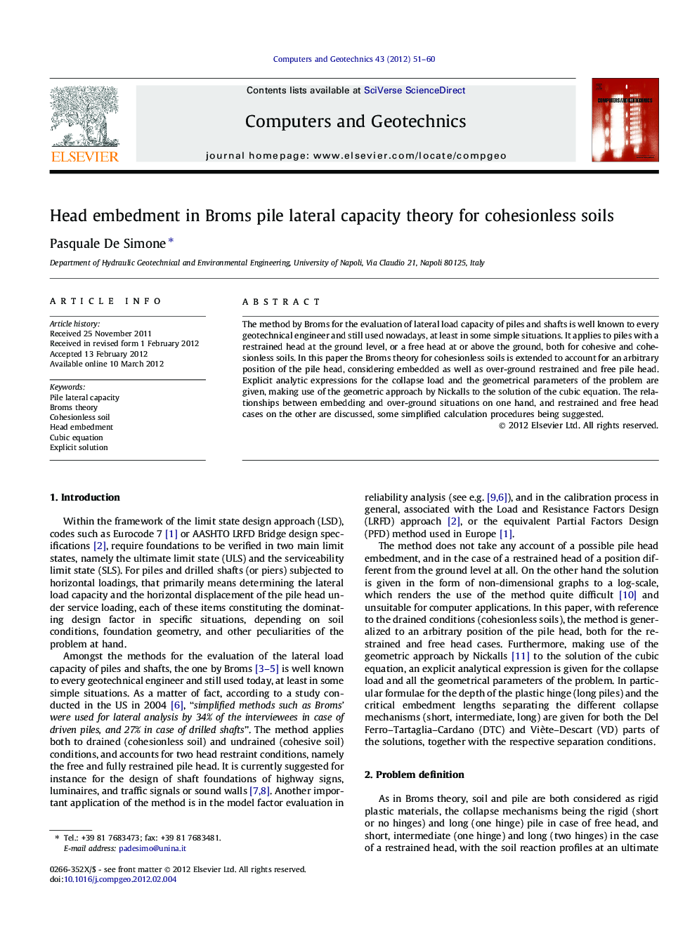 Head embedment in Broms pile lateral capacity theory for cohesionless soils