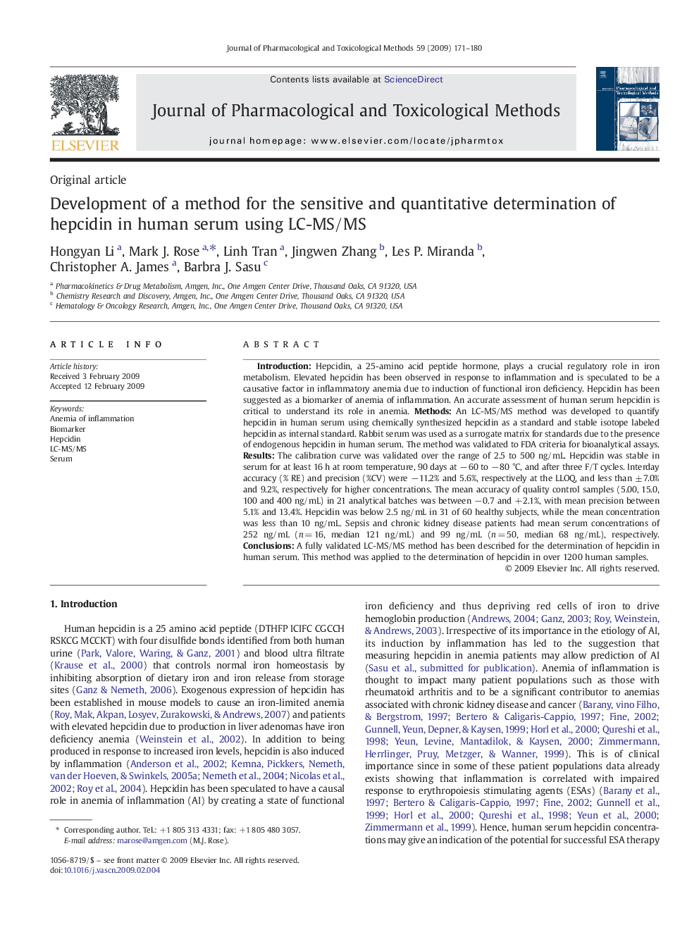 Development of a method for the sensitive and quantitative determination of hepcidin in human serum using LC-MS/MS