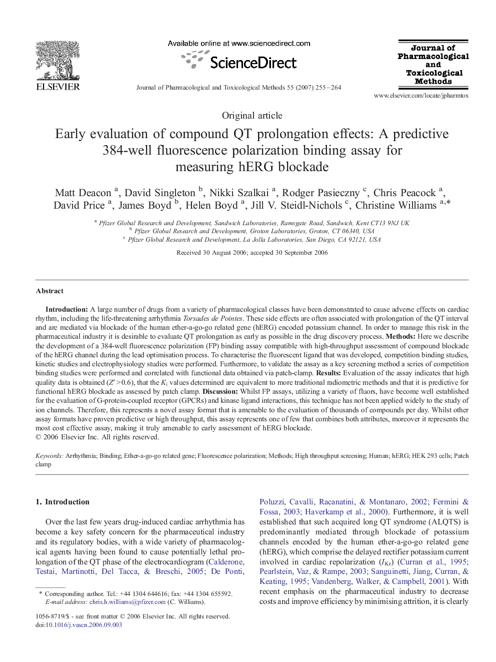 Early evaluation of compound QT prolongation effects: A predictive 384-well fluorescence polarization binding assay for measuring hERG blockade