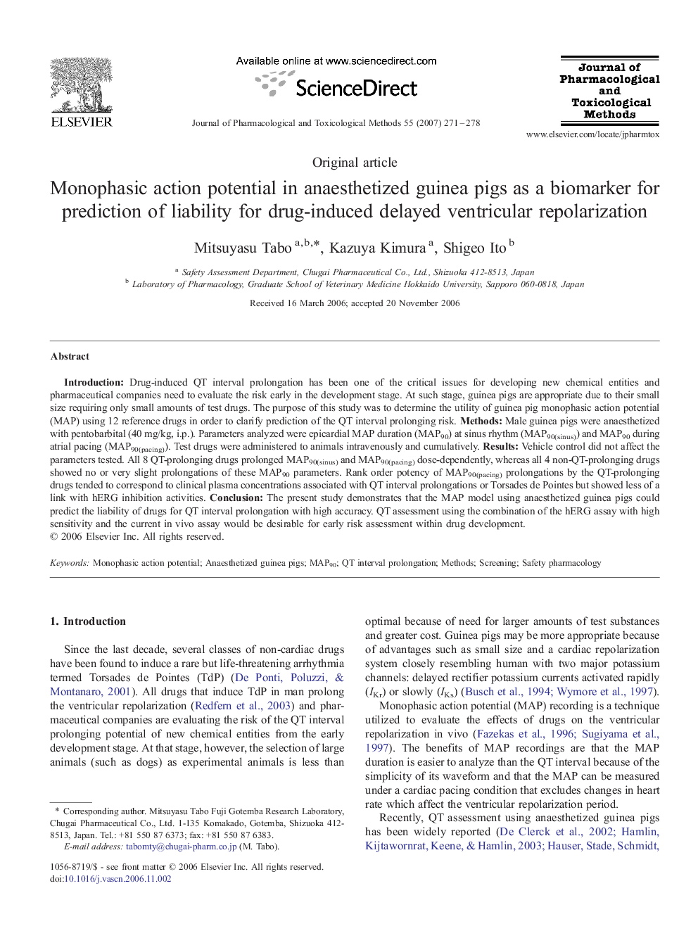 Monophasic action potential in anaesthetized guinea pigs as a biomarker for prediction of liability for drug-induced delayed ventricular repolarization