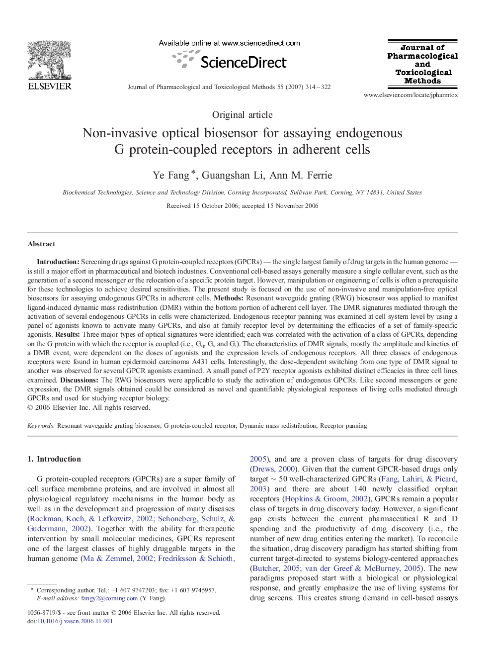 Non-invasive optical biosensor for assaying endogenous G protein-coupled receptors in adherent cells