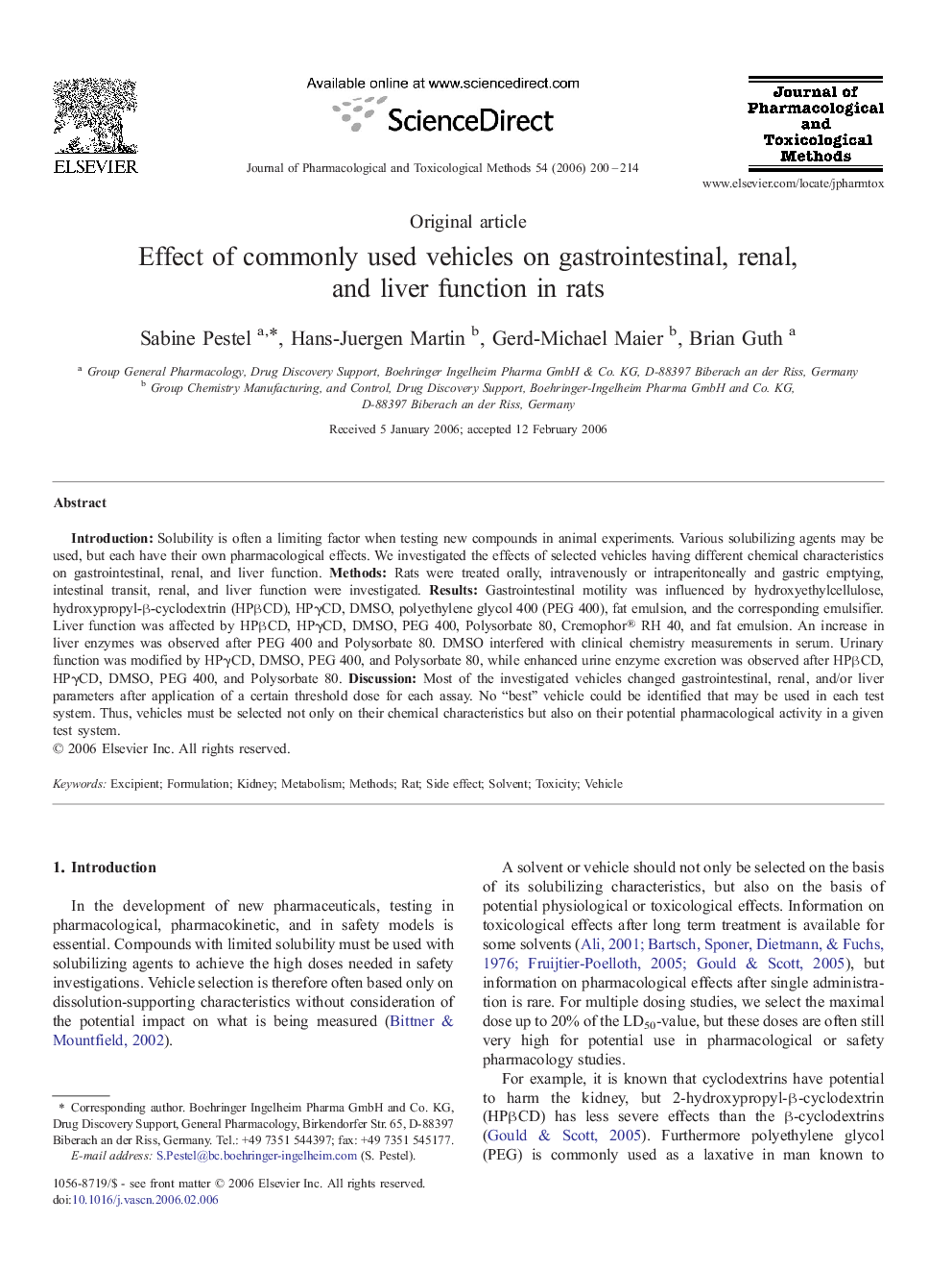 Effect of commonly used vehicles on gastrointestinal, renal, and liver function in rats