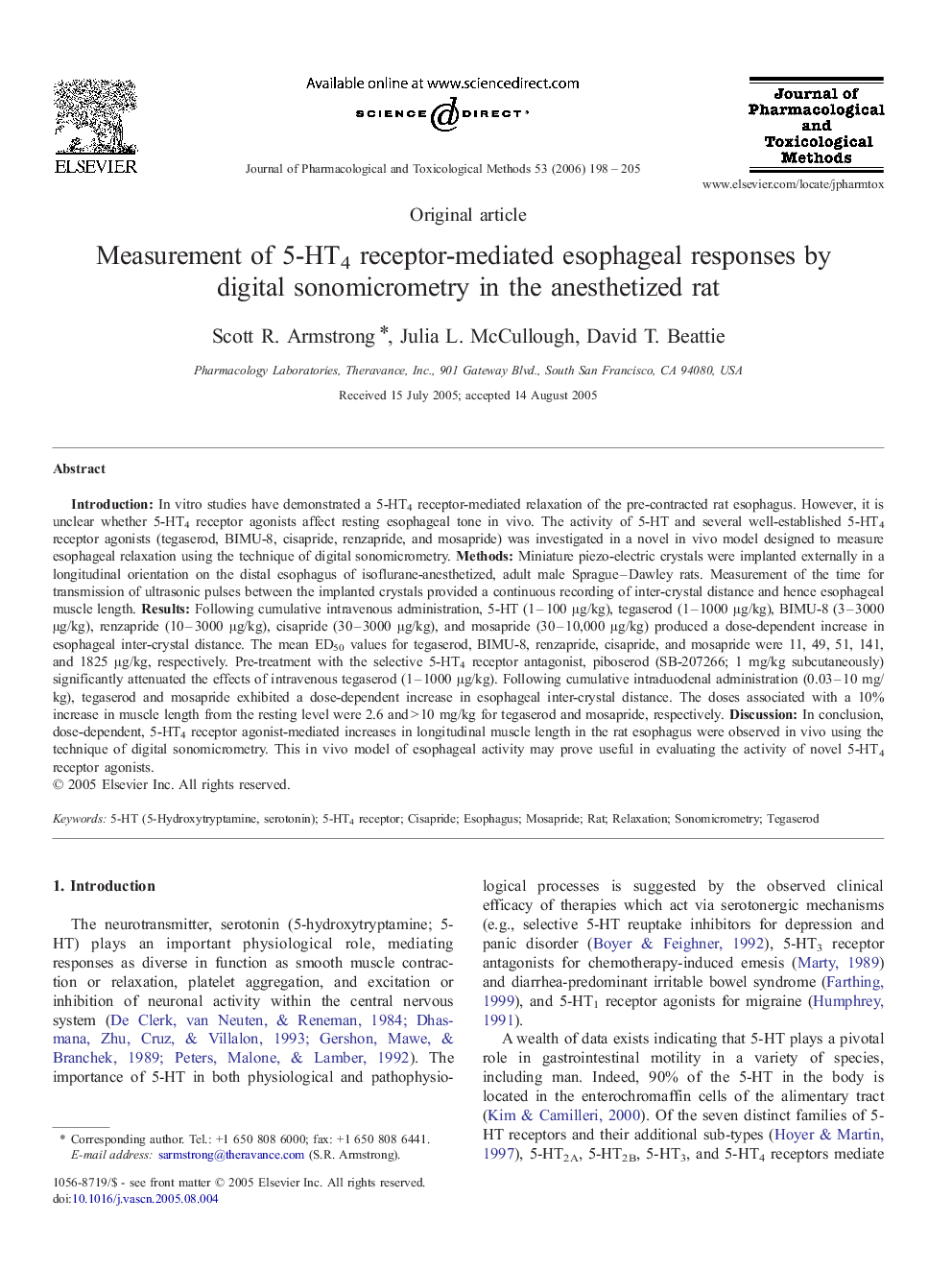 Measurement of 5-HT4 receptor-mediated esophageal responses by digital sonomicrometry in the anesthetized rat