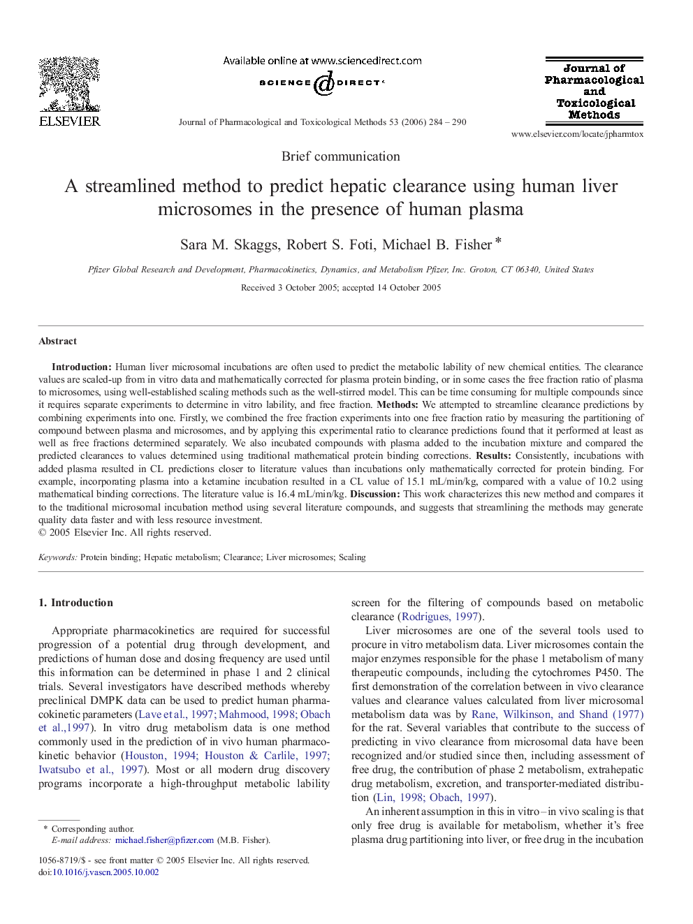 عکس صفحه اول مقاله: A streamlined method to predict hepatic clearance using human liver microsomes in the presence of human plasma A streamlined method to predict hepatic clearance using human liver microsomes in the presence of human plasma
