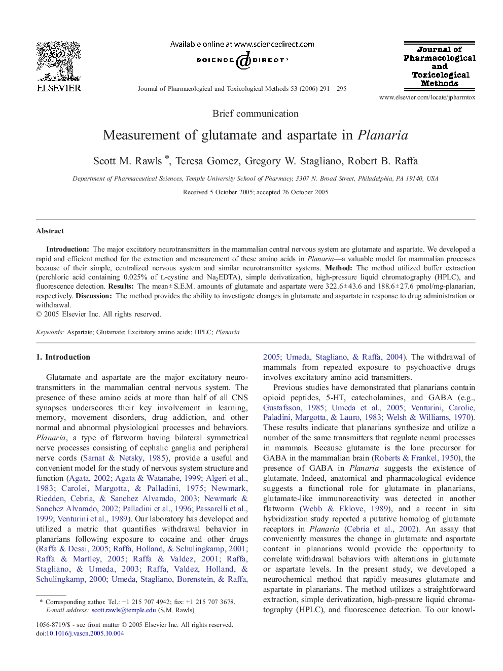 عکس صفحه اول مقاله: Measurement of glutamate and aspartate in Planaria Measurement of glutamate and aspartate in Planaria