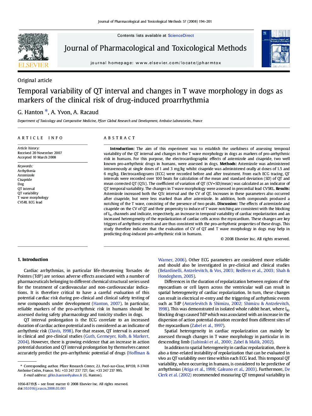 Temporal variability of QT interval and changes in T wave morphology in dogs as markers of the clinical risk of drug-induced proarrhythmia