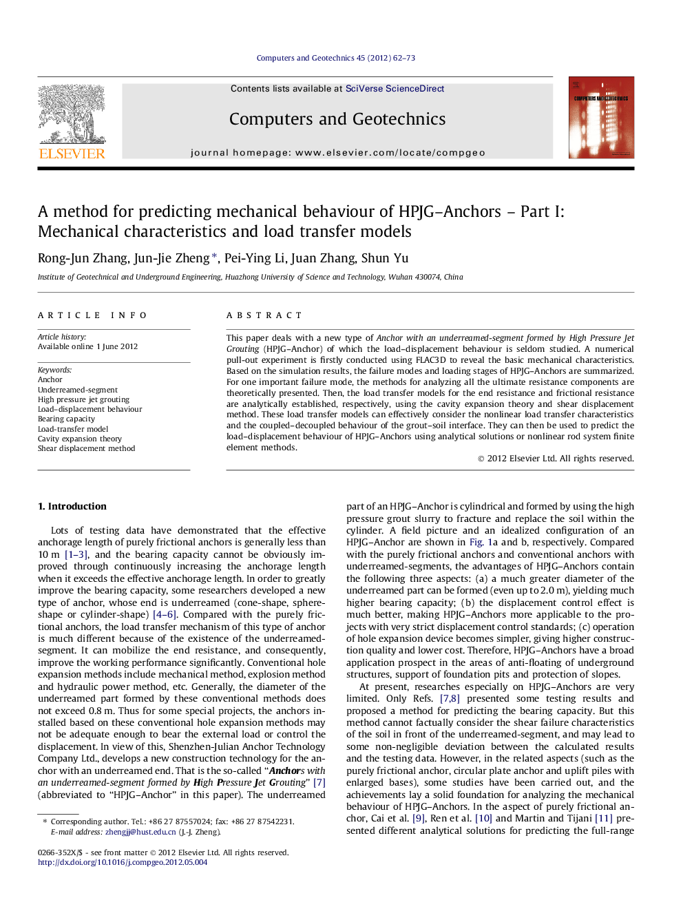 A method for predicting mechanical behaviour of HPJG–Anchors – Part I: Mechanical characteristics and load transfer models