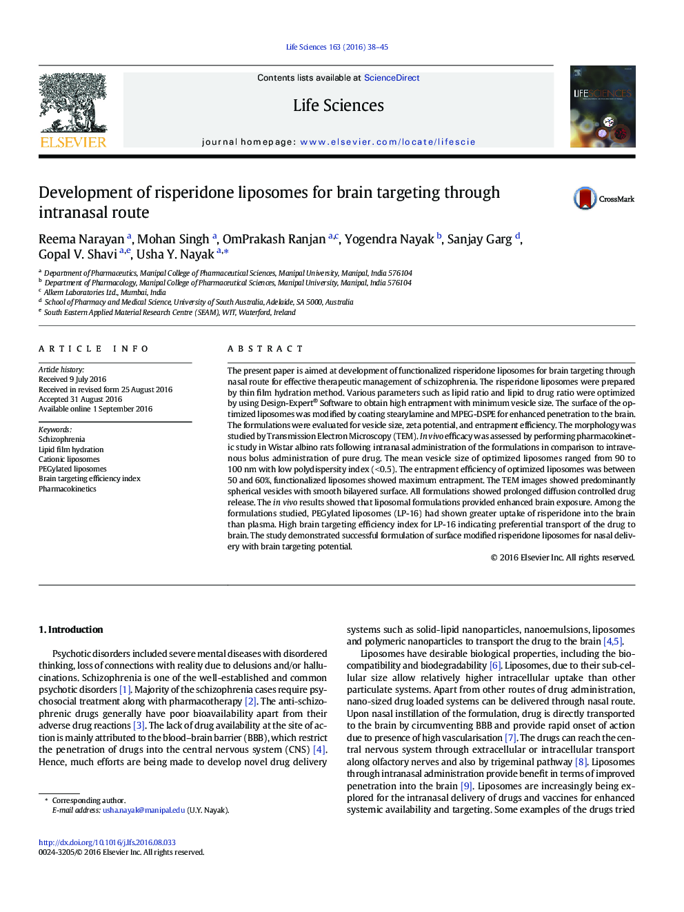 Development of risperidone liposomes for brain targeting through intranasal route