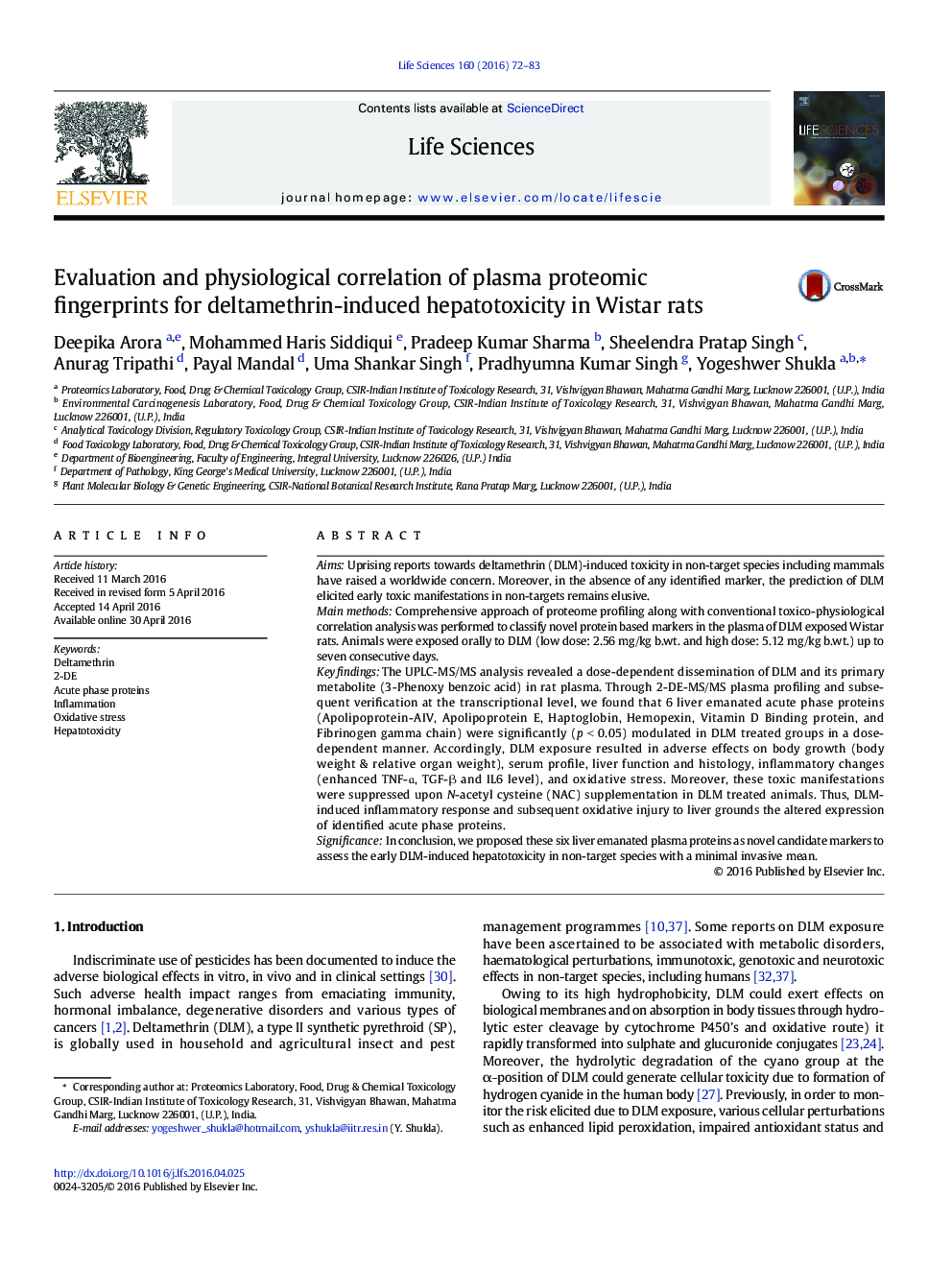 Evaluation and physiological correlation of plasma proteomic fingerprints for deltamethrin-induced hepatotoxicity in Wistar rats