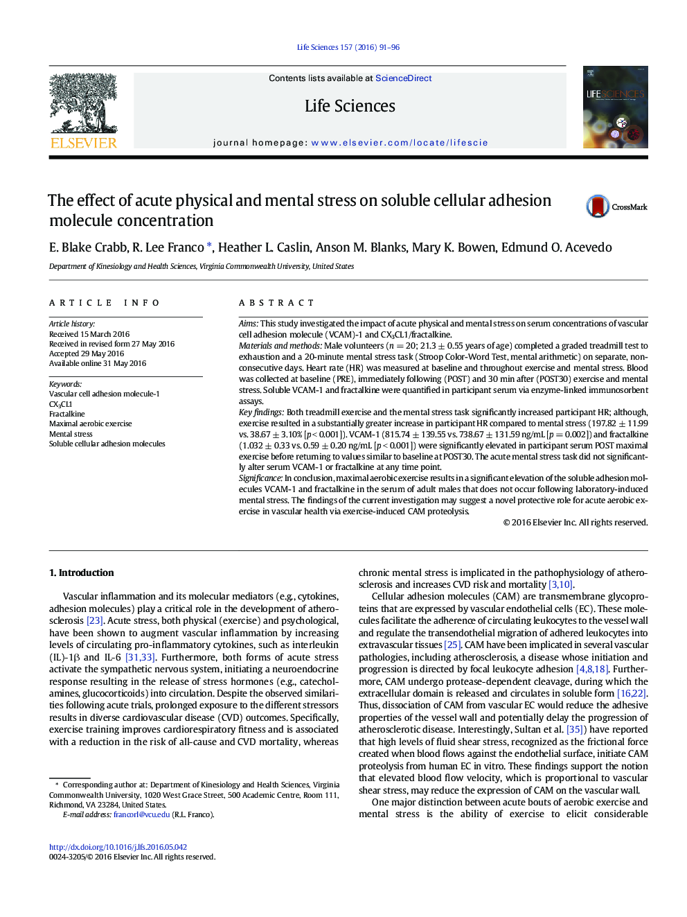 The effect of acute physical and mental stress on soluble cellular adhesion molecule concentration