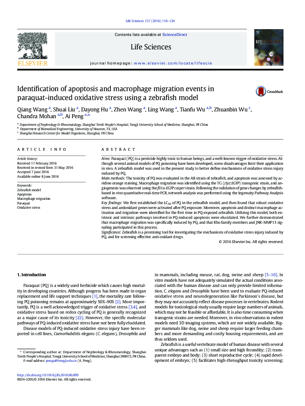 Identification of apoptosis and macrophage migration events in paraquat-induced oxidative stress using a zebrafish model