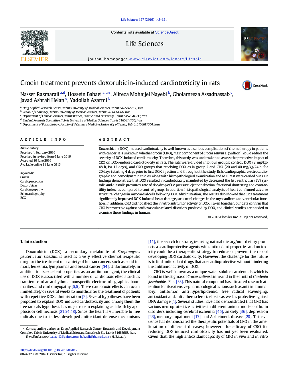 Crocin treatment prevents doxorubicin-induced cardiotoxicity in rats