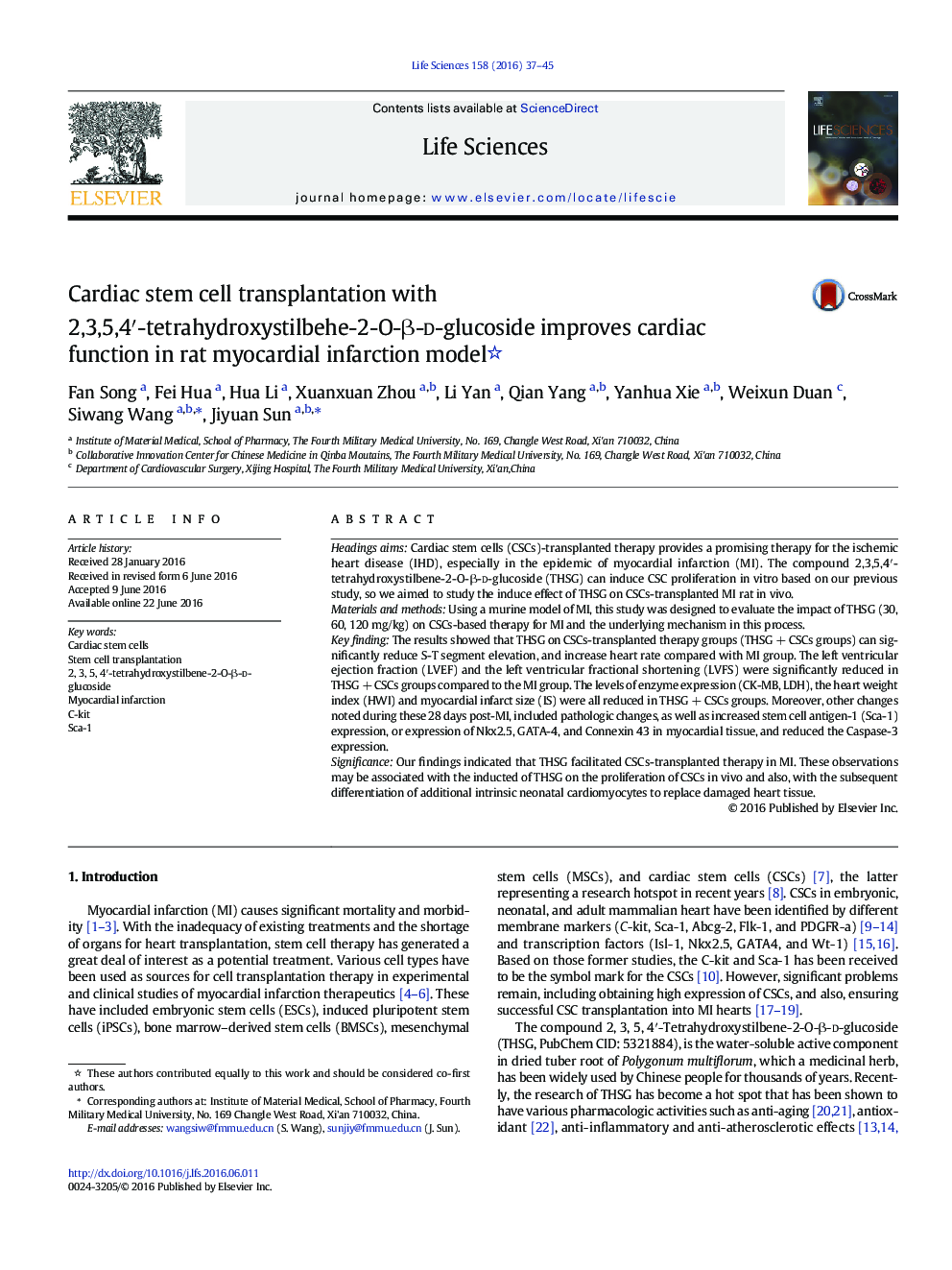 Cardiac stem cell transplantation with 2,3,5,4′-tetrahydroxystilbehe-2-O-β-d-glucoside improves cardiac function in rat myocardial infarction model 