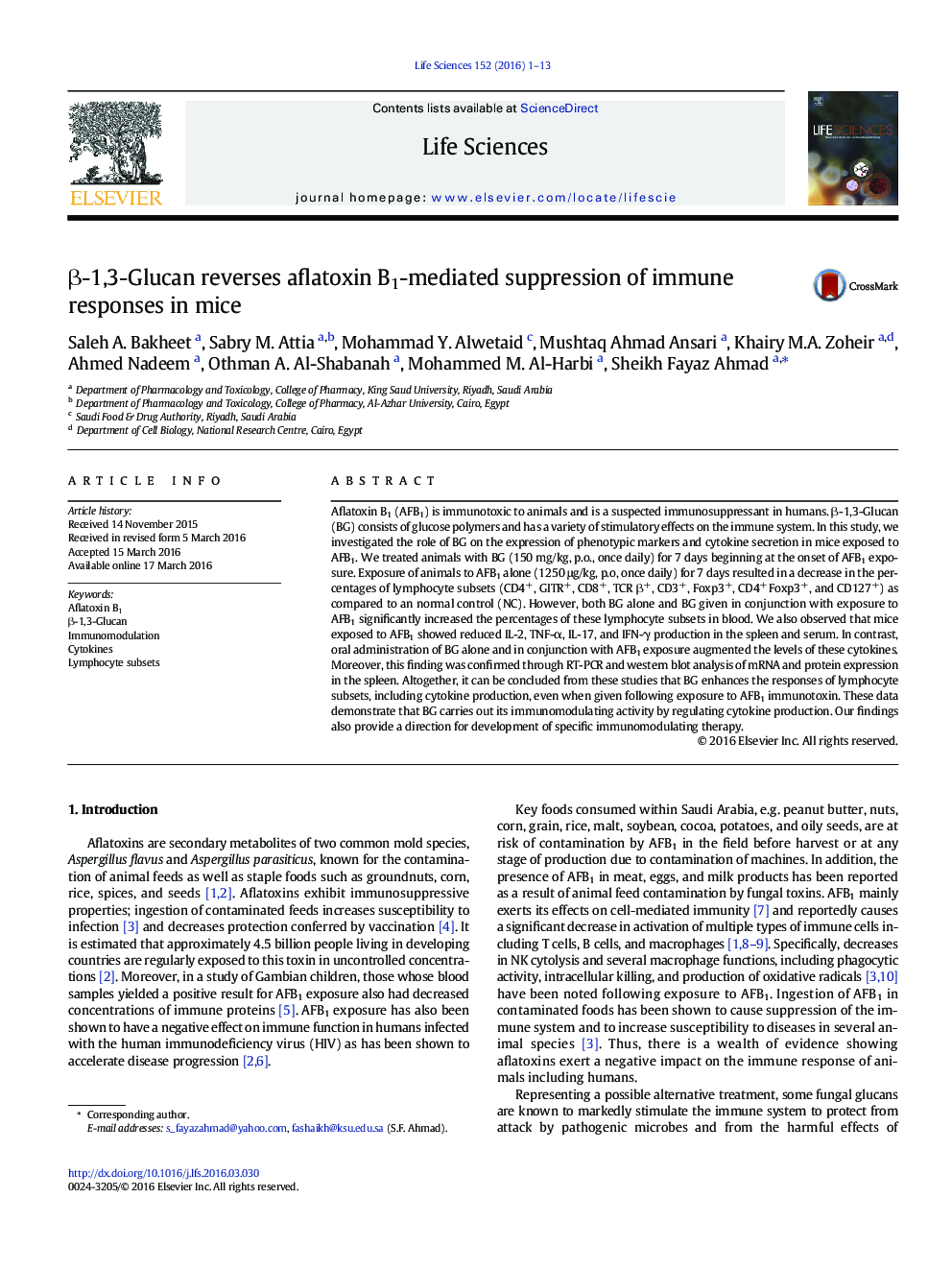 β-1,3-Glucan reverses aflatoxin B1-mediated suppression of immune responses in mice