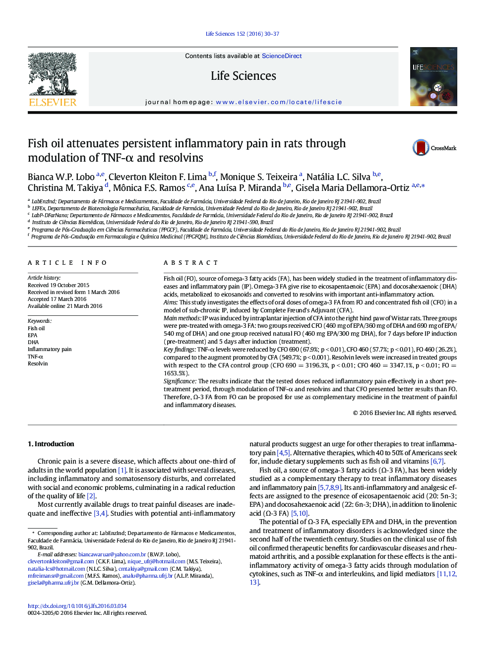 Fish oil attenuates persistent inflammatory pain in rats through modulation of TNF-α and resolvins