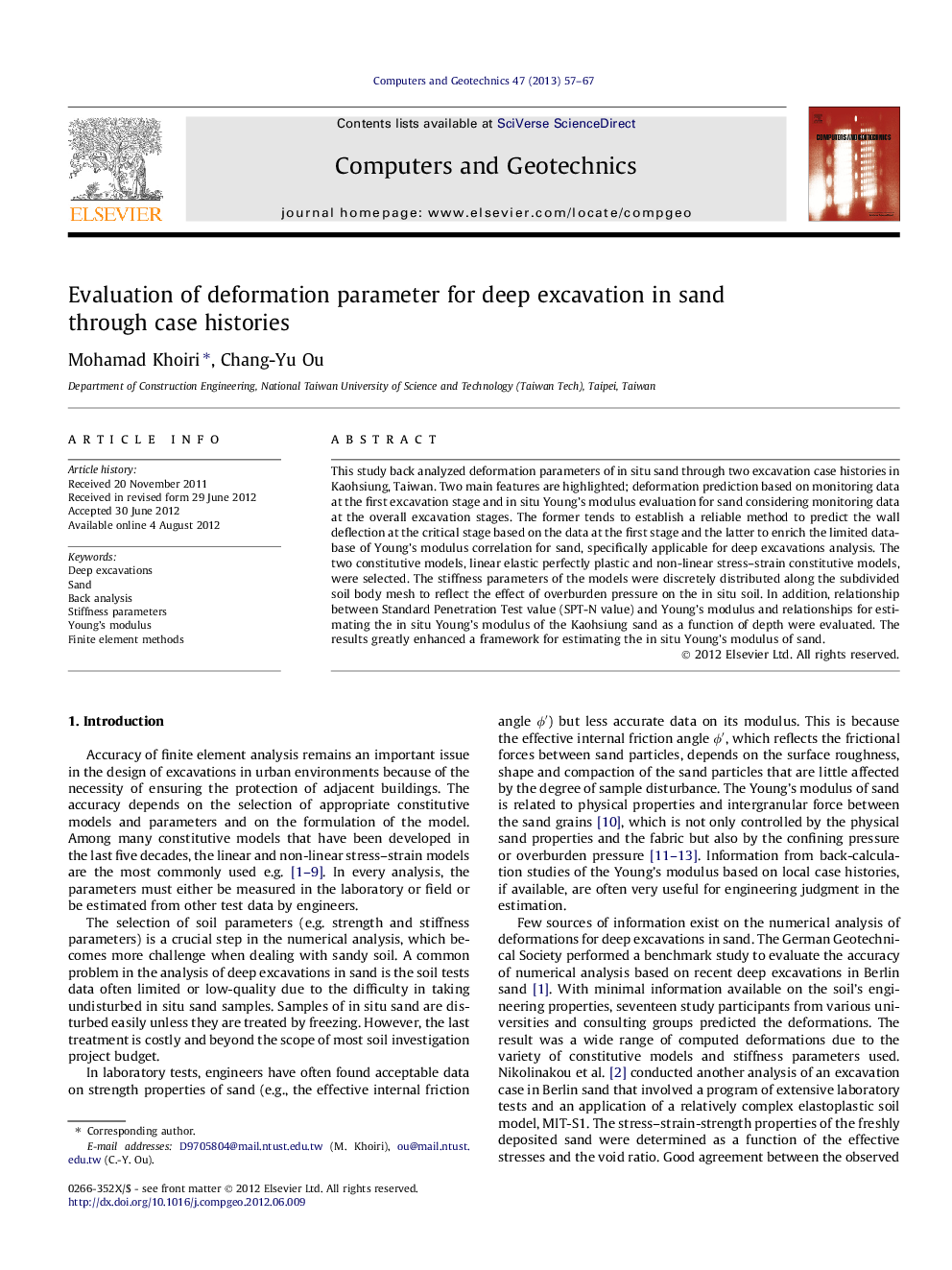 Evaluation of deformation parameter for deep excavation in sand through case histories