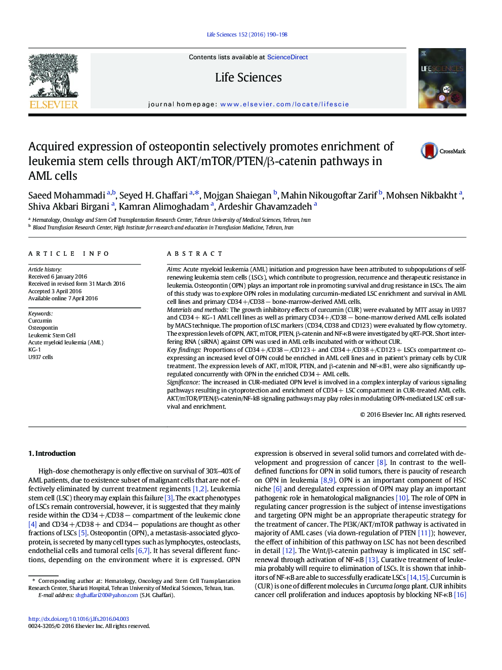 Acquired expression of osteopontin selectively promotes enrichment of leukemia stem cells through AKT/mTOR/PTEN/β-catenin pathways in AML cells