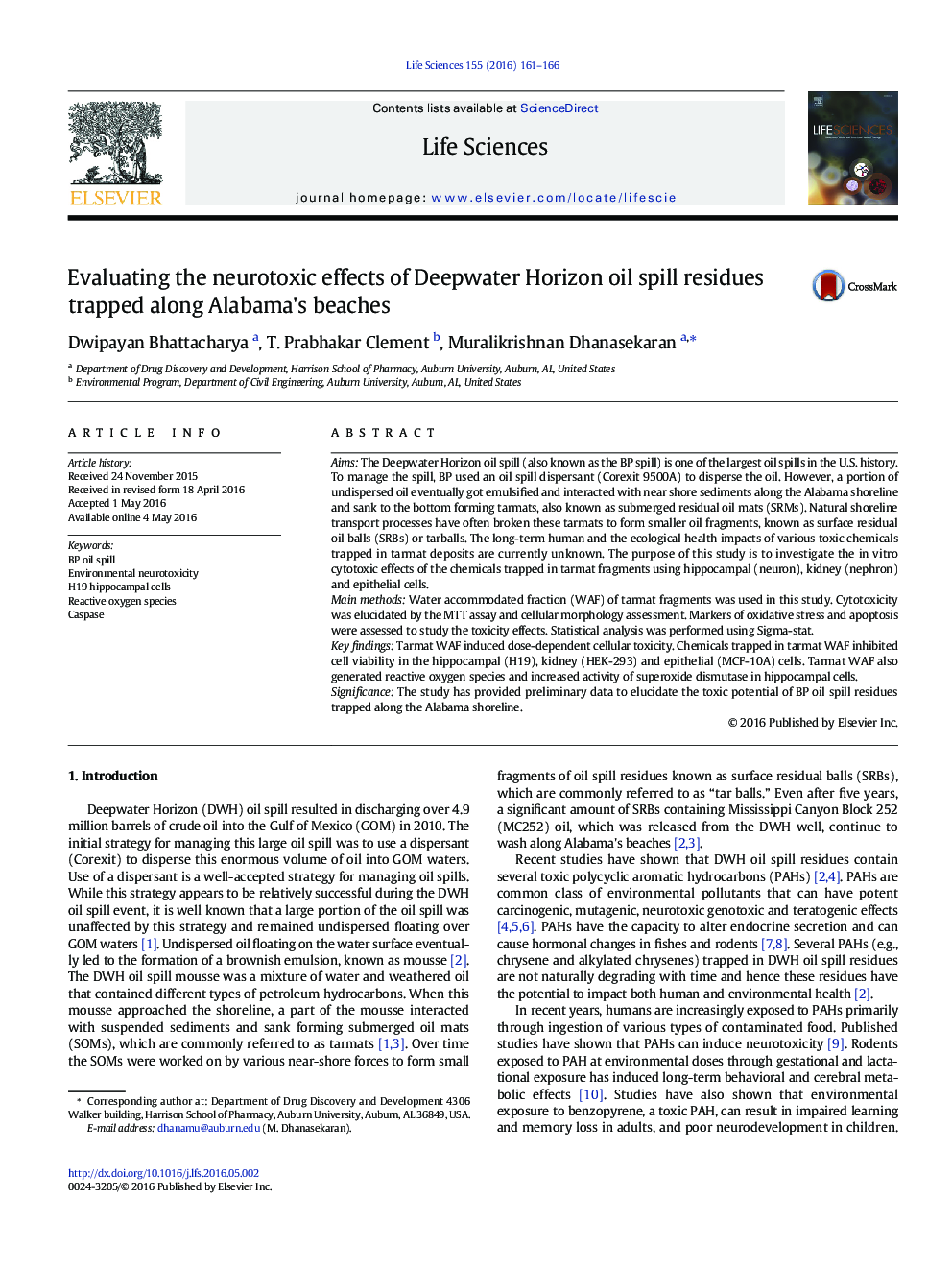 Evaluating the neurotoxic effects of Deepwater Horizon oil spill residues trapped along Alabama's beaches