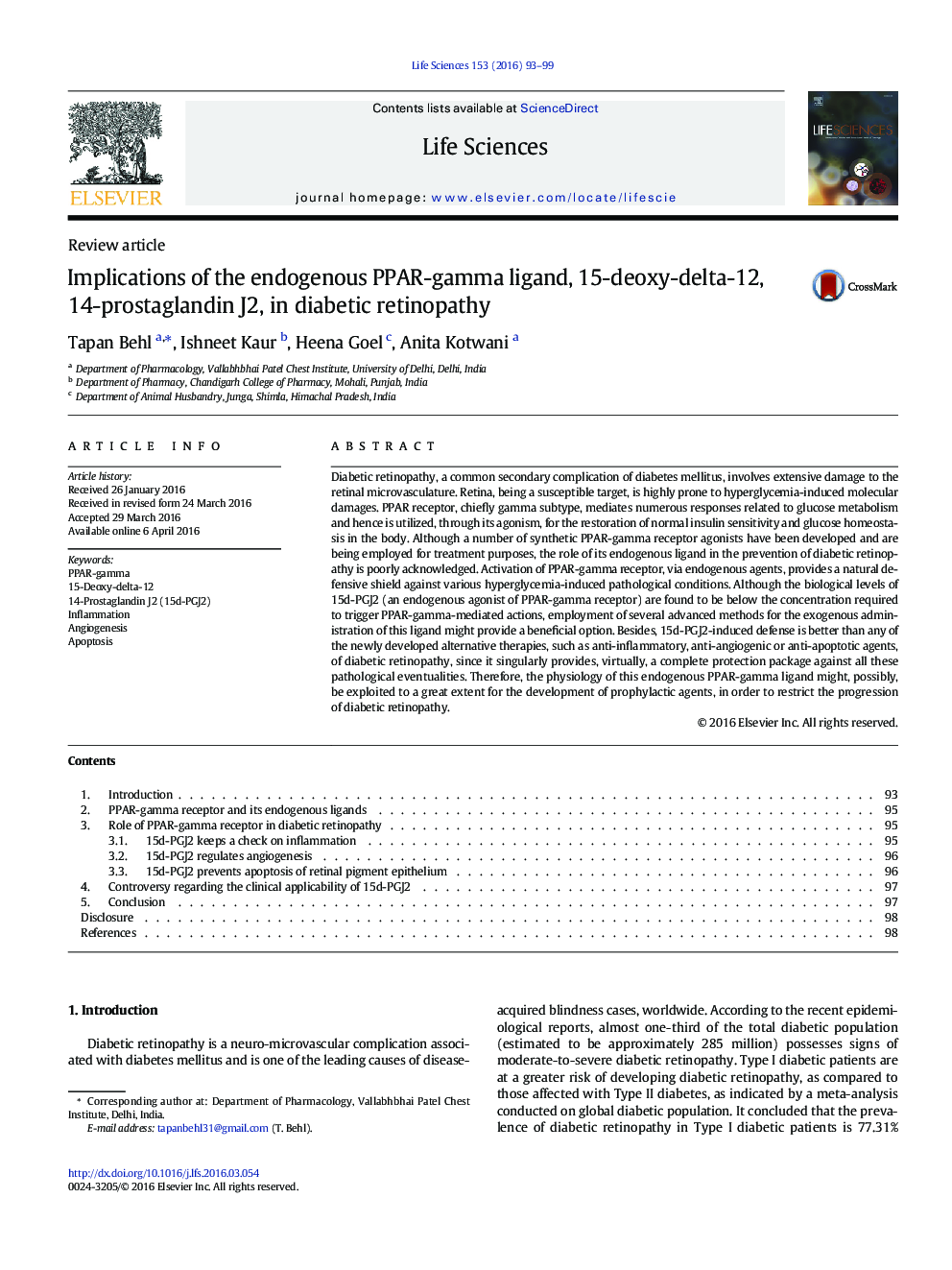 Implications of the endogenous PPAR-gamma ligand, 15-deoxy-delta-12, 14-prostaglandin J2, in diabetic retinopathy