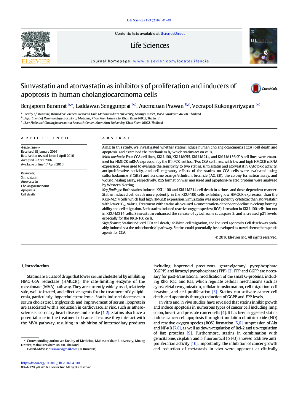 Simvastatin and atorvastatin as inhibitors of proliferation and inducers of apoptosis in human cholangiocarcinoma cells