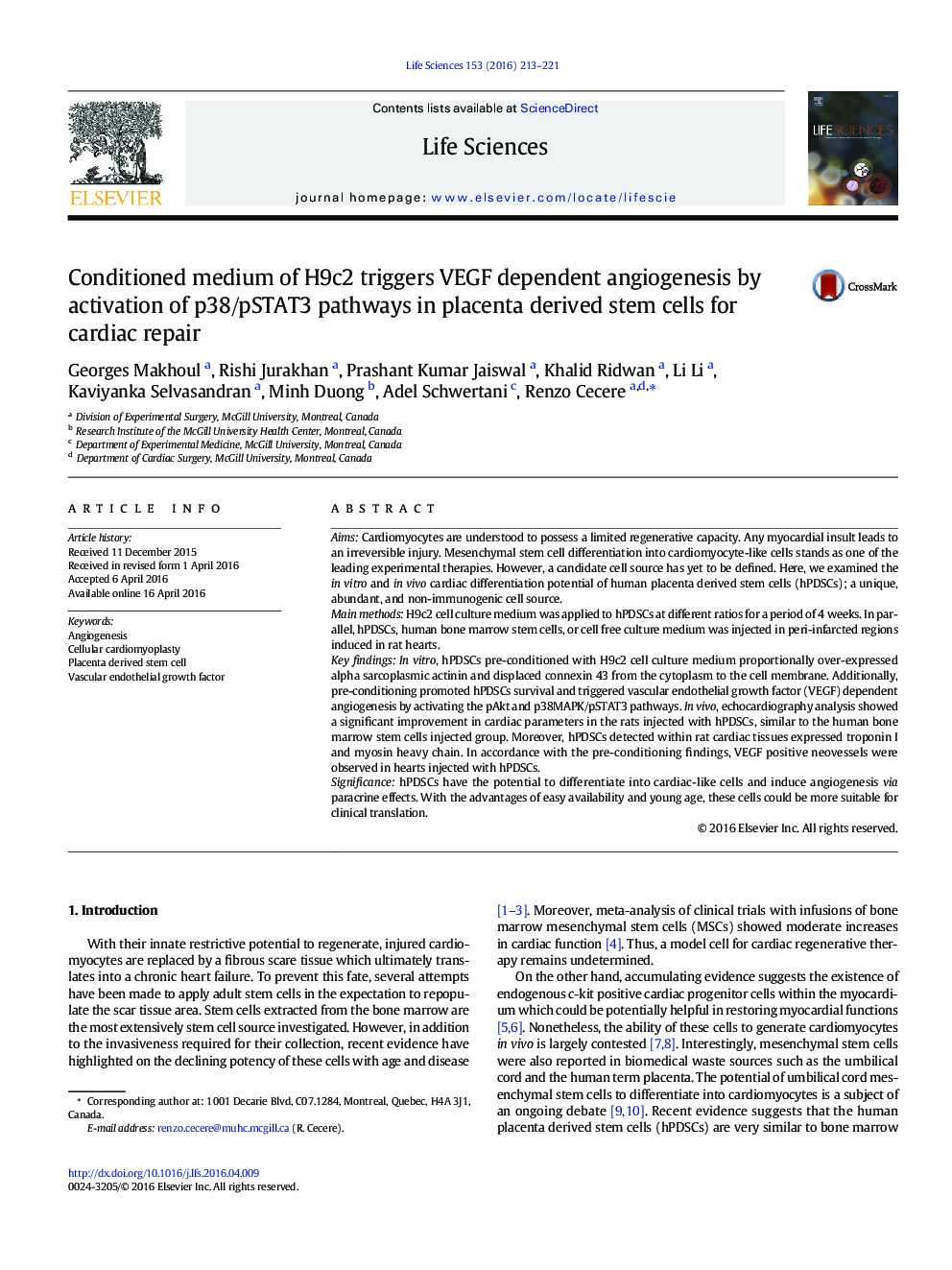 Conditioned medium of H9c2 triggers VEGF dependent angiogenesis by activation of p38/pSTAT3 pathways in placenta derived stem cells for cardiac repair