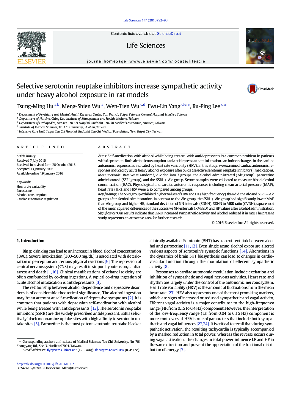 Selective serotonin reuptake inhibitors increase sympathetic activity under heavy alcohol exposure in rat models