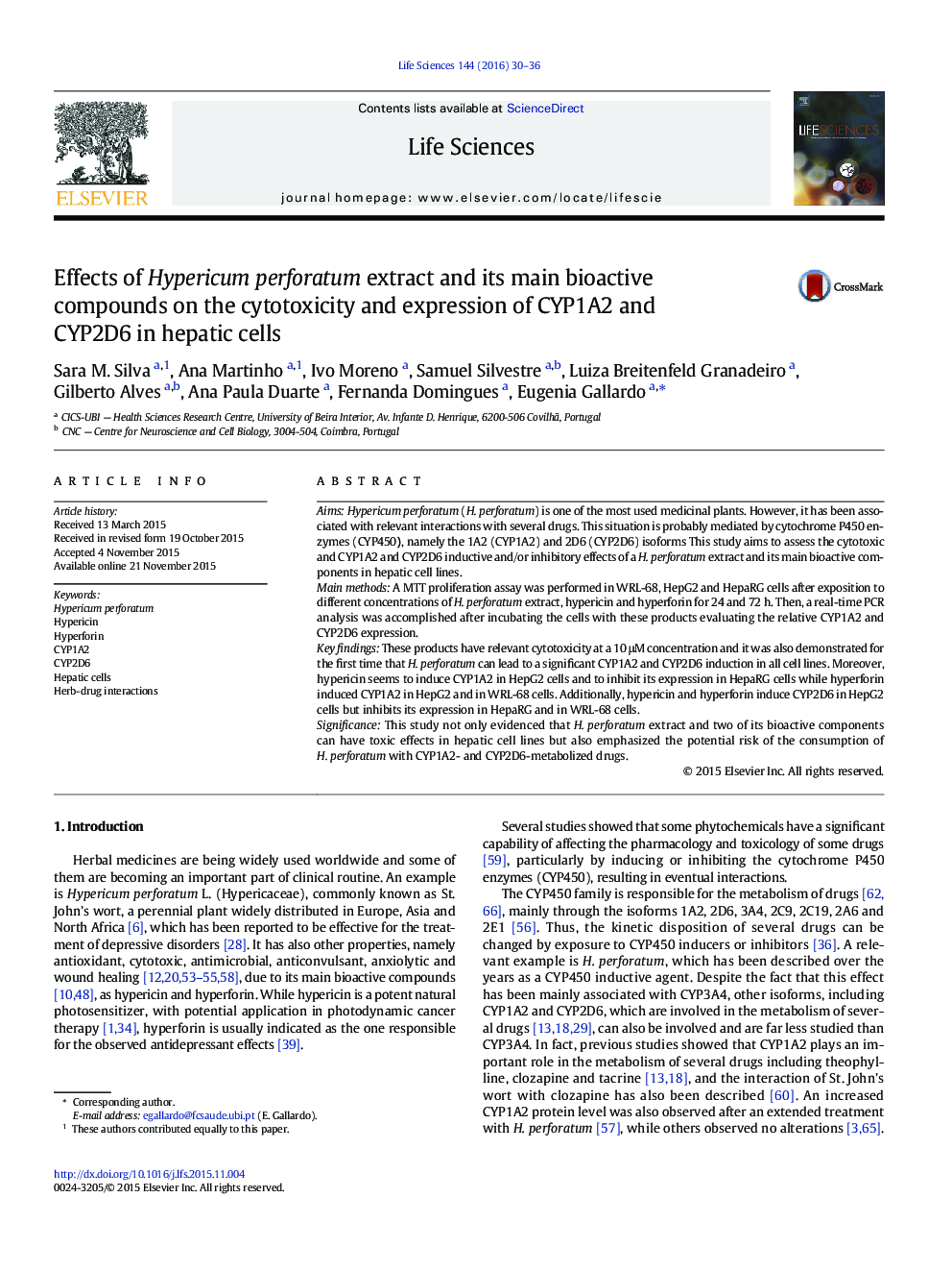Effects of Hypericum perforatum extract and its main bioactive compounds on the cytotoxicity and expression of CYP1A2 and CYP2D6 in hepatic cells