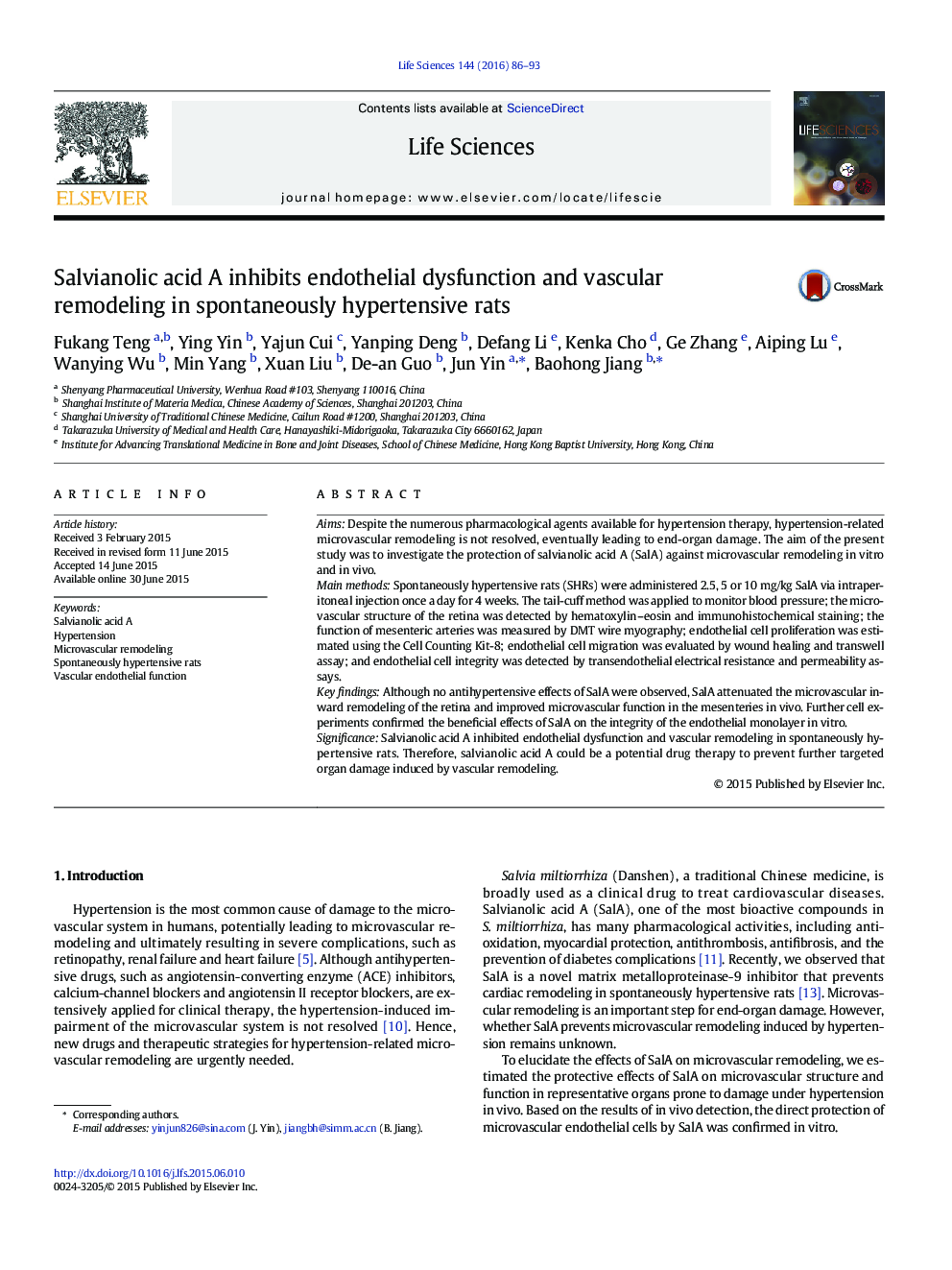 Salvianolic acid A inhibits endothelial dysfunction and vascular remodeling in spontaneously hypertensive rats