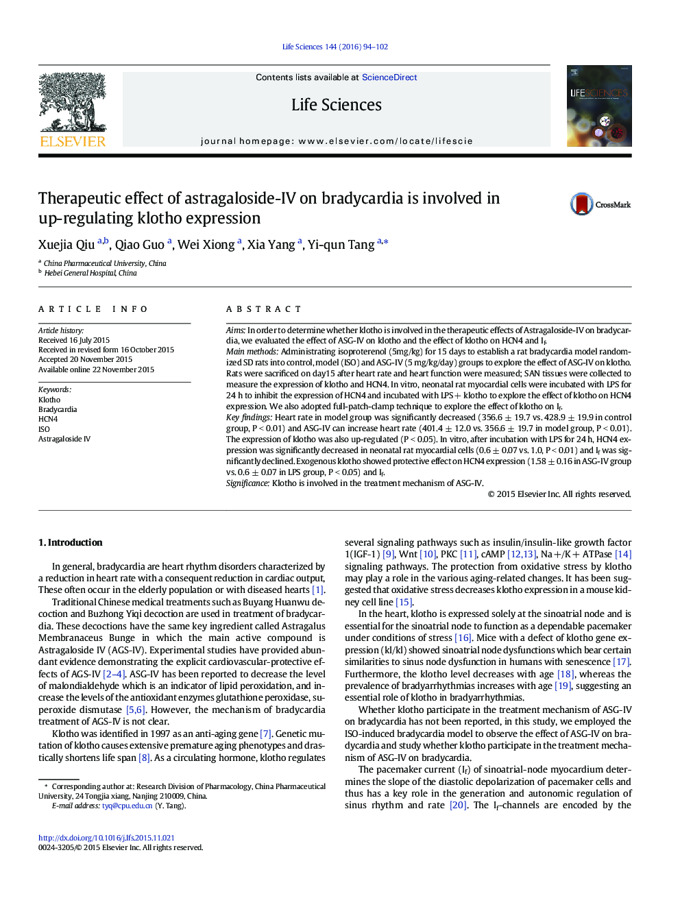 Therapeutic effect of astragaloside-IV on bradycardia is involved in up-regulating klotho expression