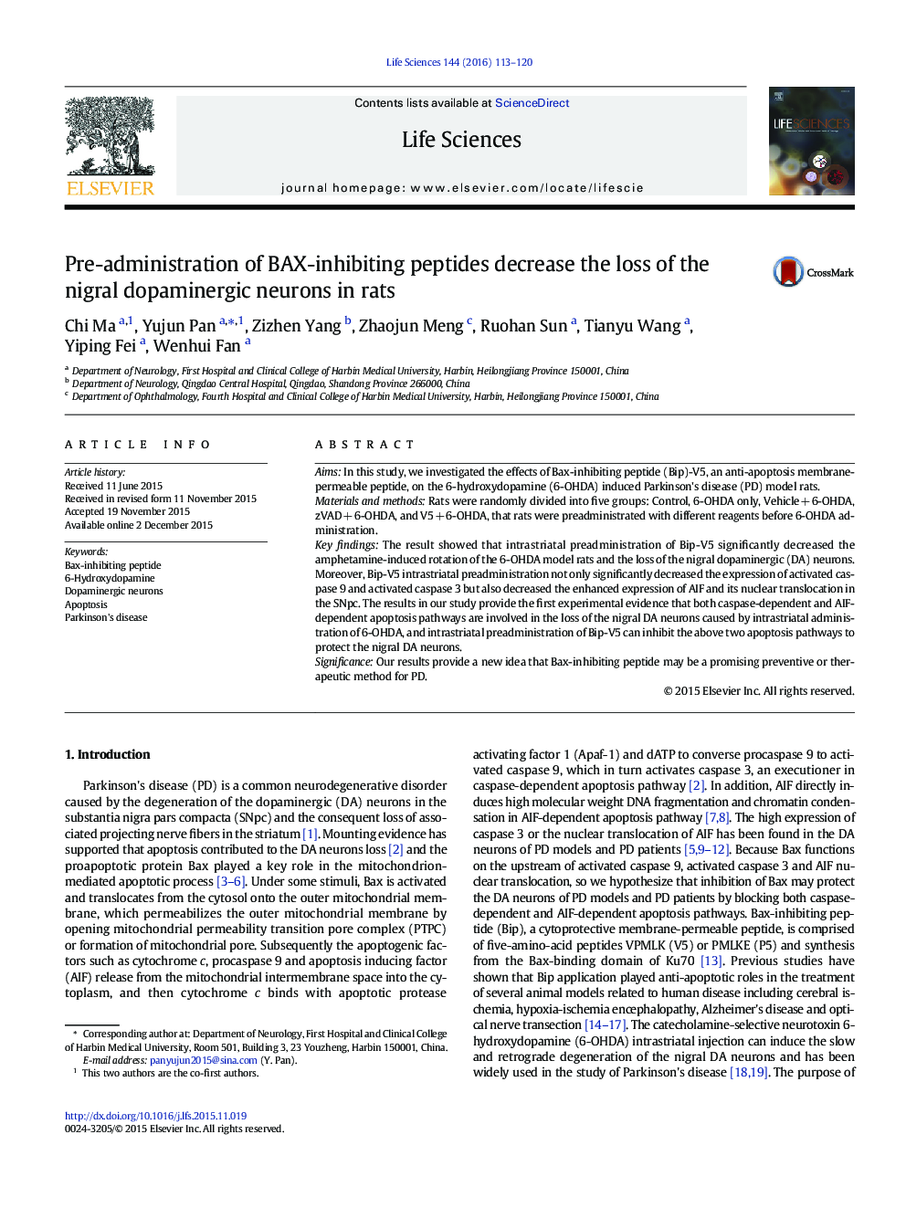 Pre-administration of BAX-inhibiting peptides decrease the loss of the nigral dopaminergic neurons in rats