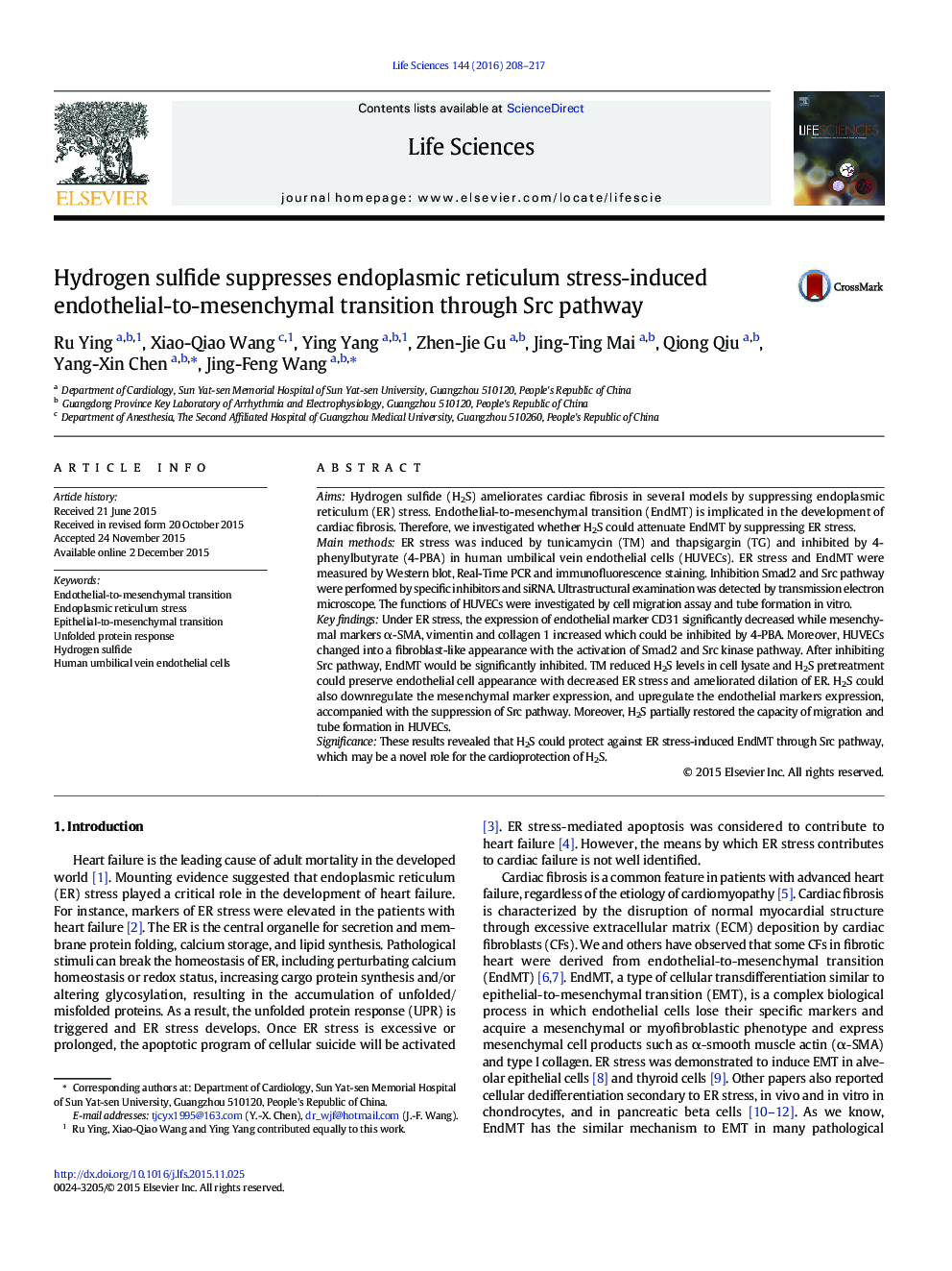 Hydrogen sulfide suppresses endoplasmic reticulum stress-induced endothelial-to-mesenchymal transition through Src pathway