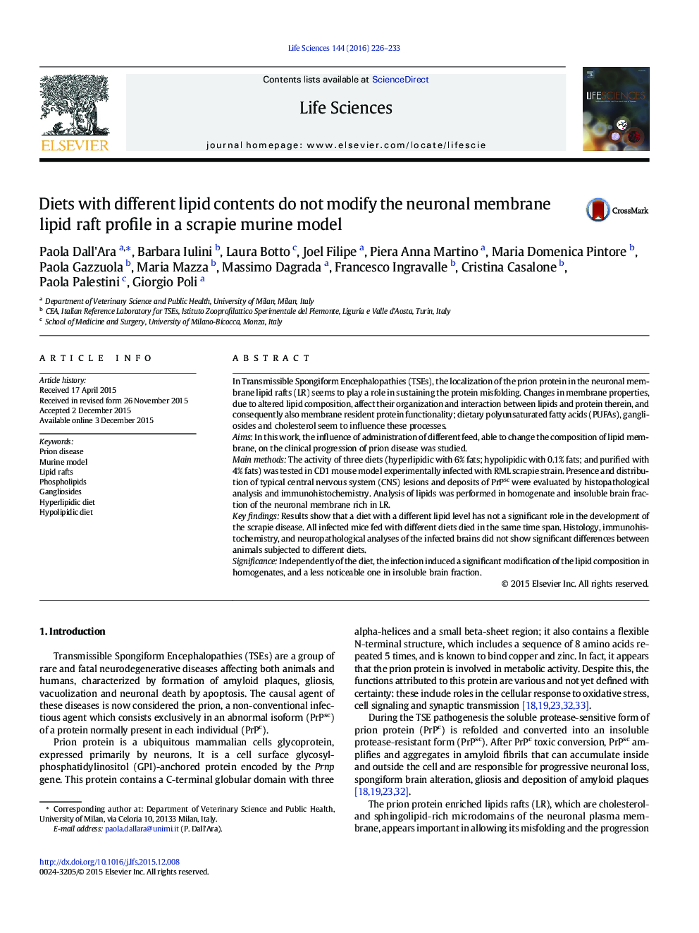 Diets with different lipid contents do not modify the neuronal membrane lipid raft profile in a scrapie murine model