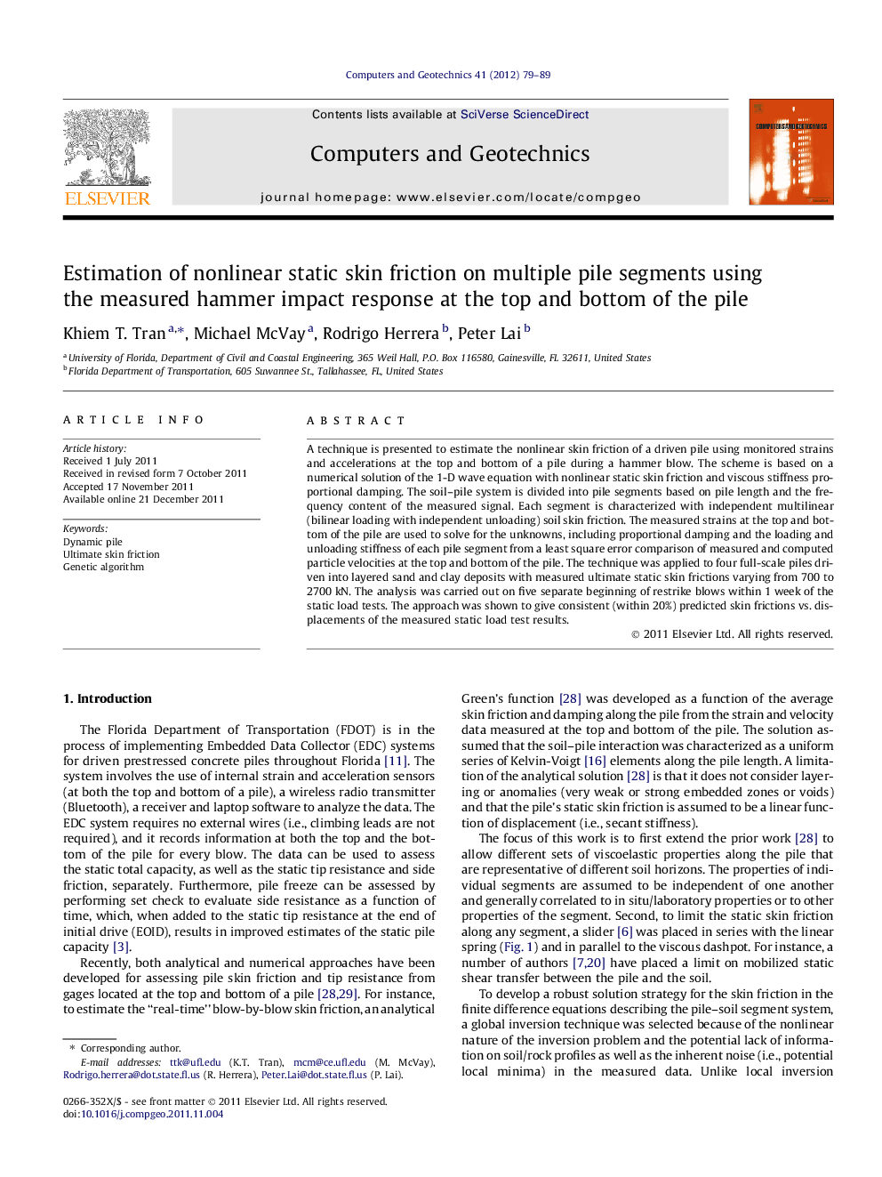 Estimation of nonlinear static skin friction on multiple pile segments using the measured hammer impact response at the top and bottom of the pile