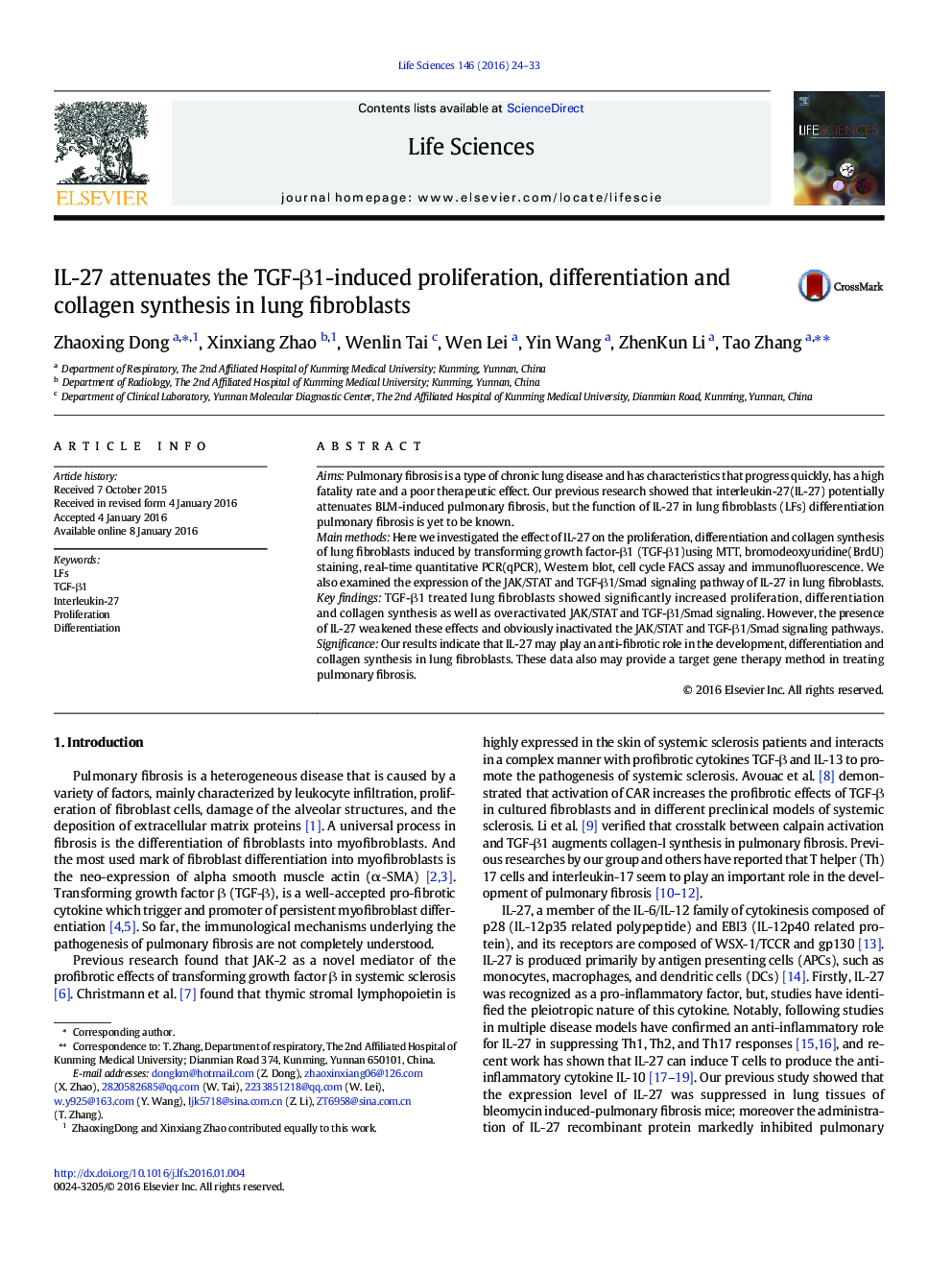 IL-27 attenuates the TGF-β1-induced proliferation, differentiation and collagen synthesis in lung fibroblasts