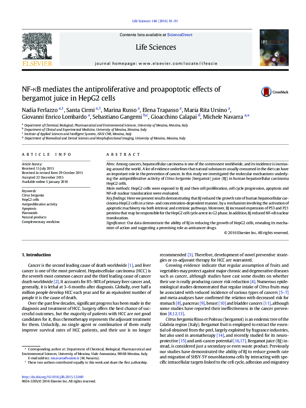 NF-κB mediates the antiproliferative and proapoptotic effects of bergamot juice in HepG2 cells