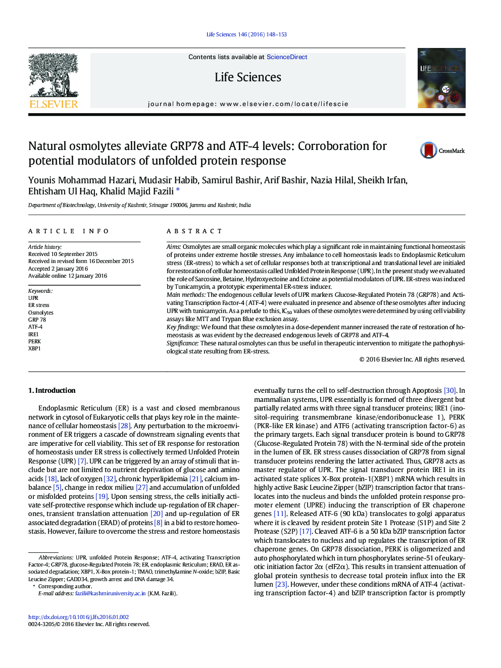 Natural osmolytes alleviate GRP78 and ATF-4 levels: Corroboration for potential modulators of unfolded protein response