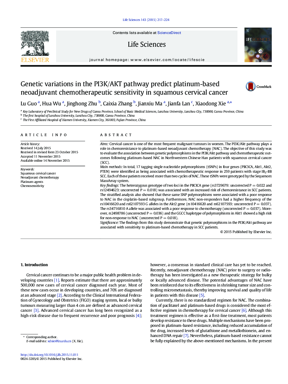 Genetic variations in the PI3K/AKT pathway predict platinum-based neoadjuvant chemotherapeutic sensitivity in squamous cervical cancer