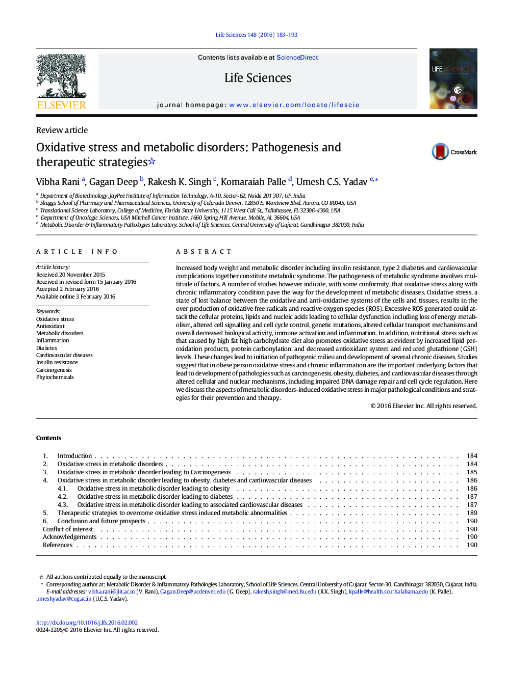 Oxidative stress and metabolic disorders: Pathogenesis and therapeutic strategies 