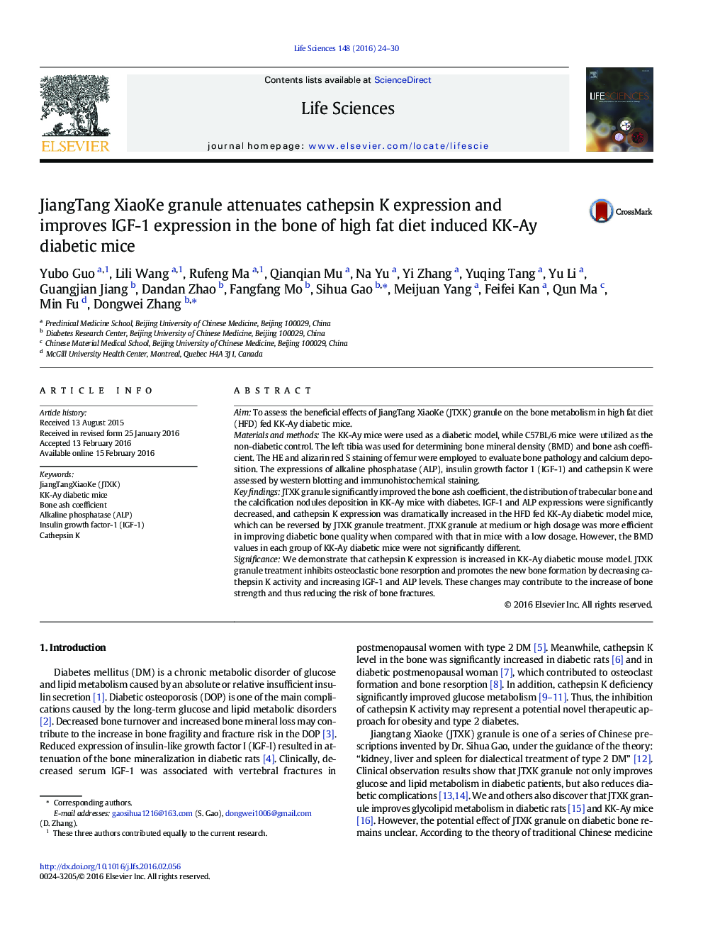 JiangTang XiaoKe granule attenuates cathepsin K expression and improves IGF-1 expression in the bone of high fat diet induced KK-Ay diabetic mice