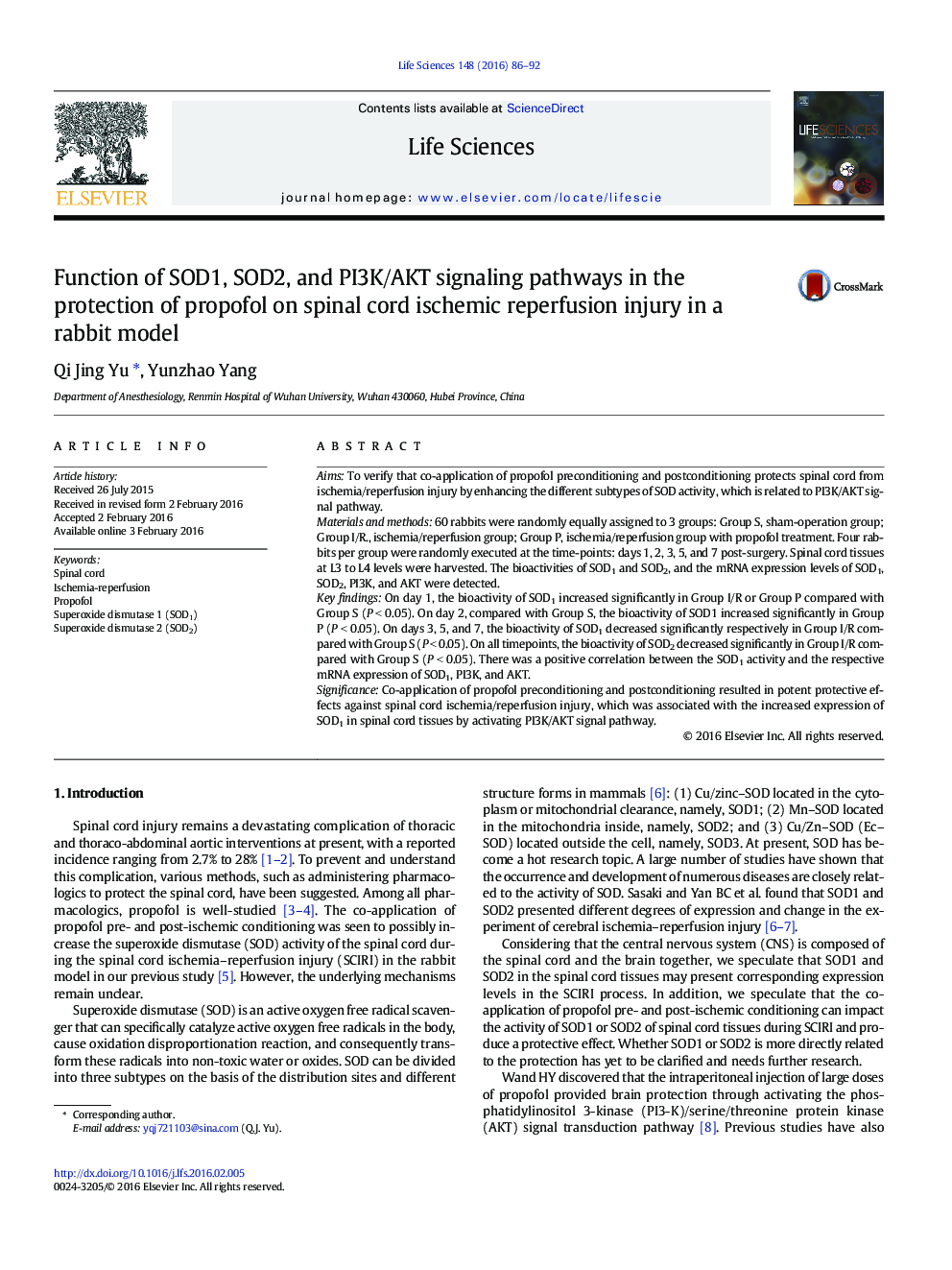 Function of SOD1, SOD2, and PI3K/AKT signaling pathways in the protection of propofol on spinal cord ischemic reperfusion injury in a rabbit model