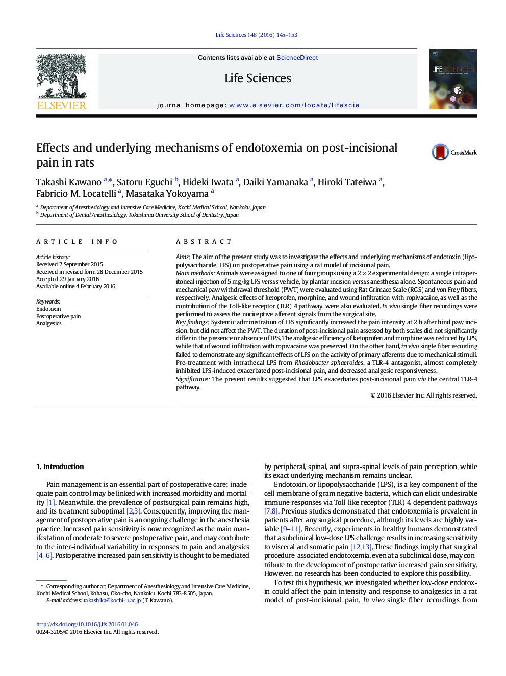 Effects and underlying mechanisms of endotoxemia on post-incisional pain in rats