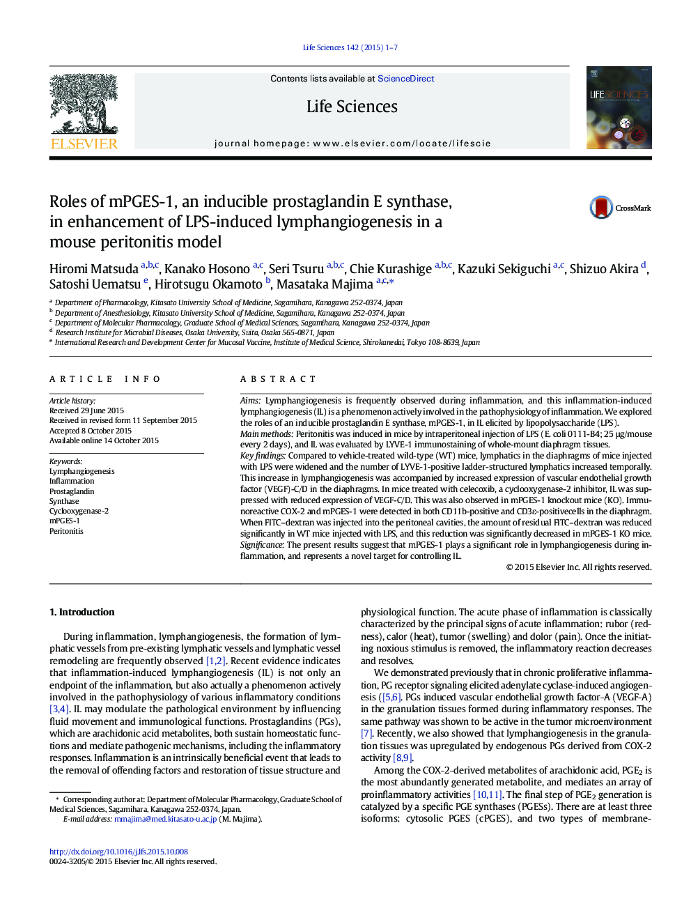 Roles of mPGES-1, an inducible prostaglandin E synthase, in enhancement of LPS-induced lymphangiogenesis in a mouse peritonitis model