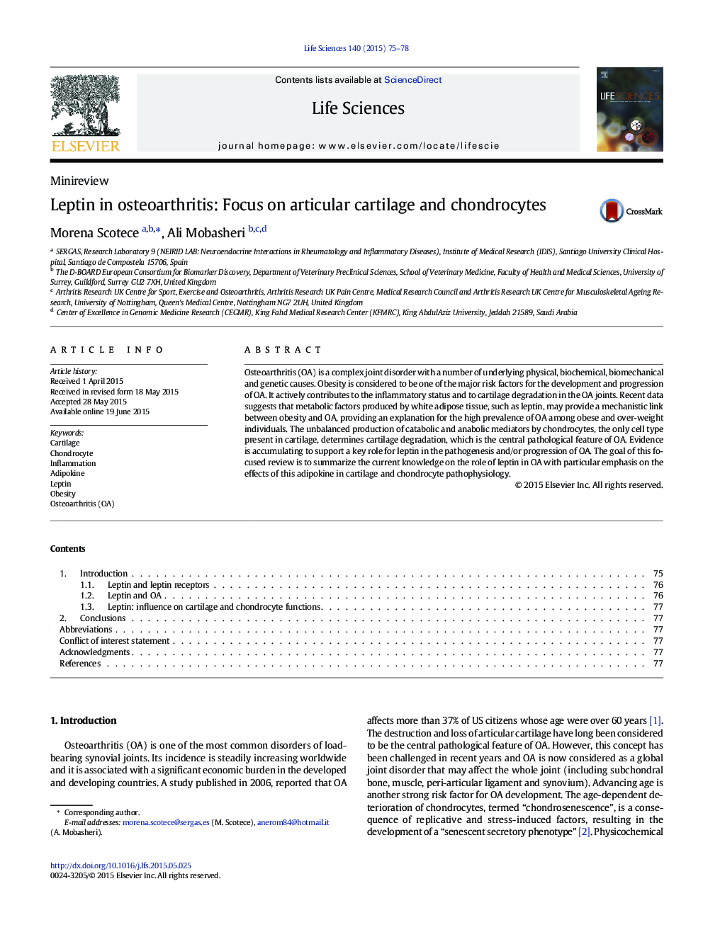 Leptin in osteoarthritis: Focus on articular cartilage and chondrocytes