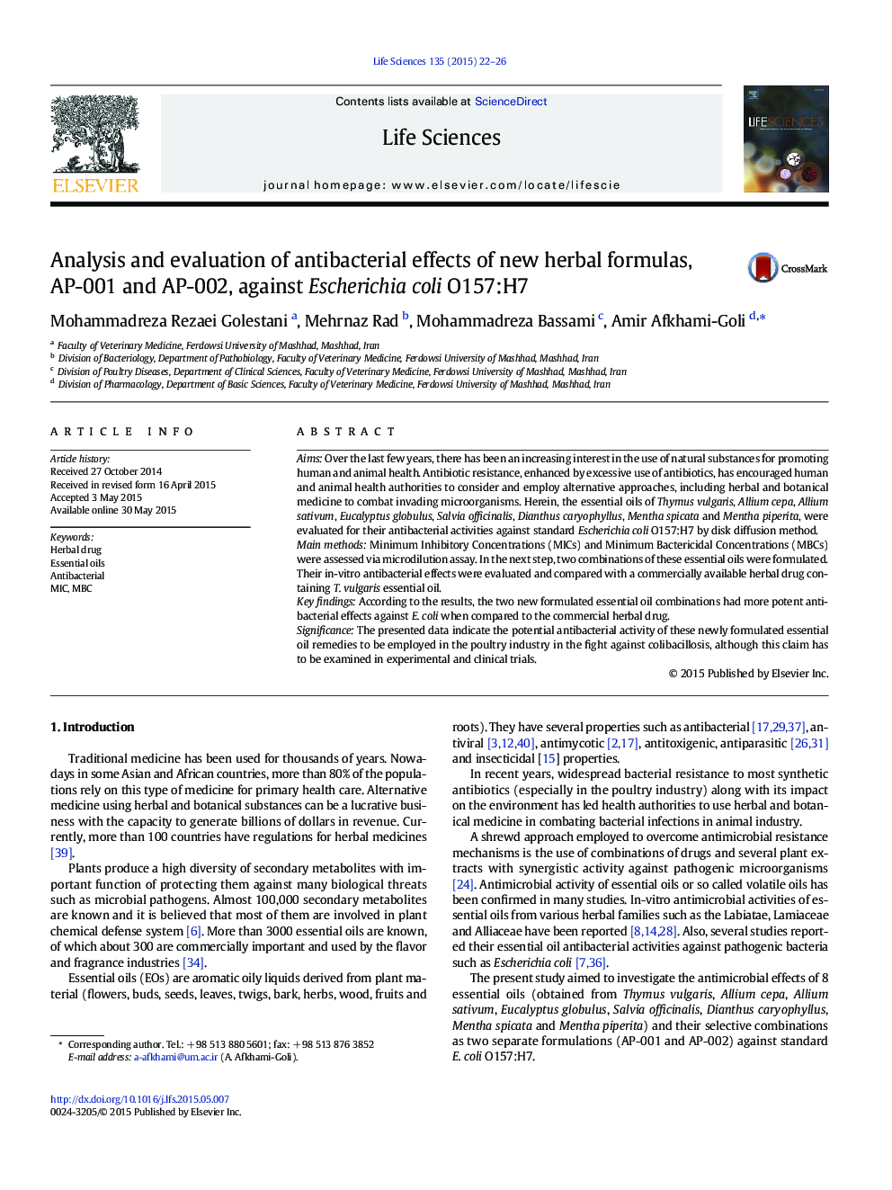 Analysis and evaluation of antibacterial effects of new herbal formulas, AP-001 and AP-002, against Escherichia coli O157:H7