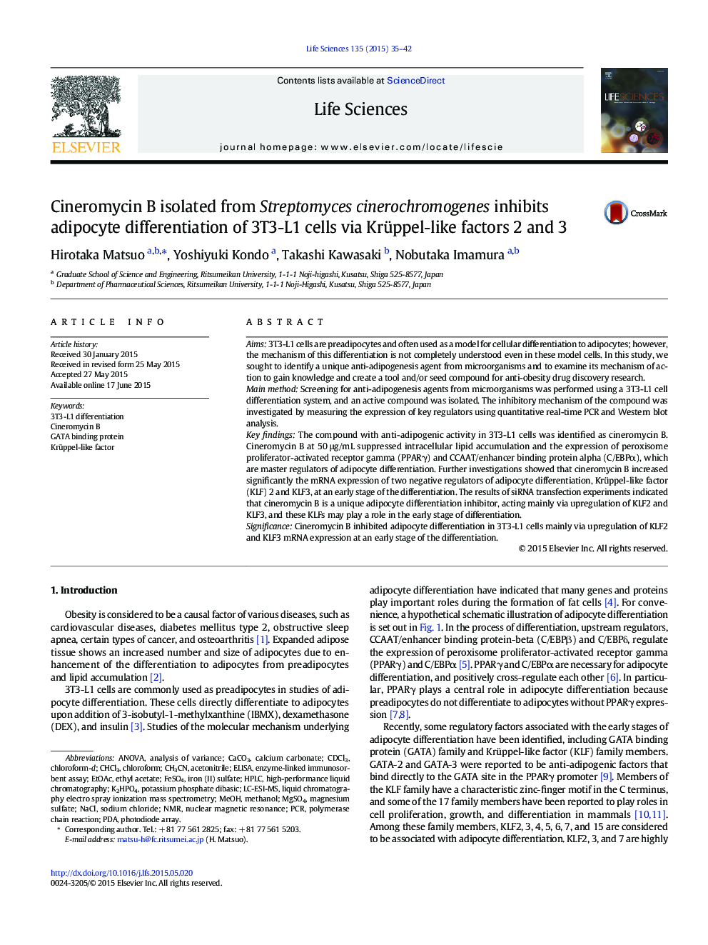 Cineromycin B isolated from Streptomyces cinerochromogenes inhibits adipocyte differentiation of 3T3-L1 cells via Krüppel-like factors 2 and 3