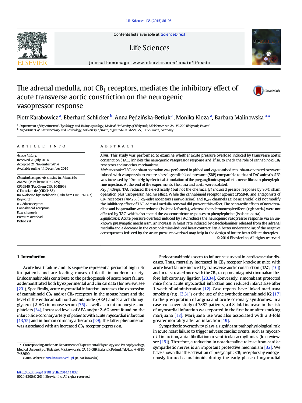 The adrenal medulla, not CB1 receptors, mediates the inhibitory effect of acute transverse aortic constriction on the neurogenic vasopressor response